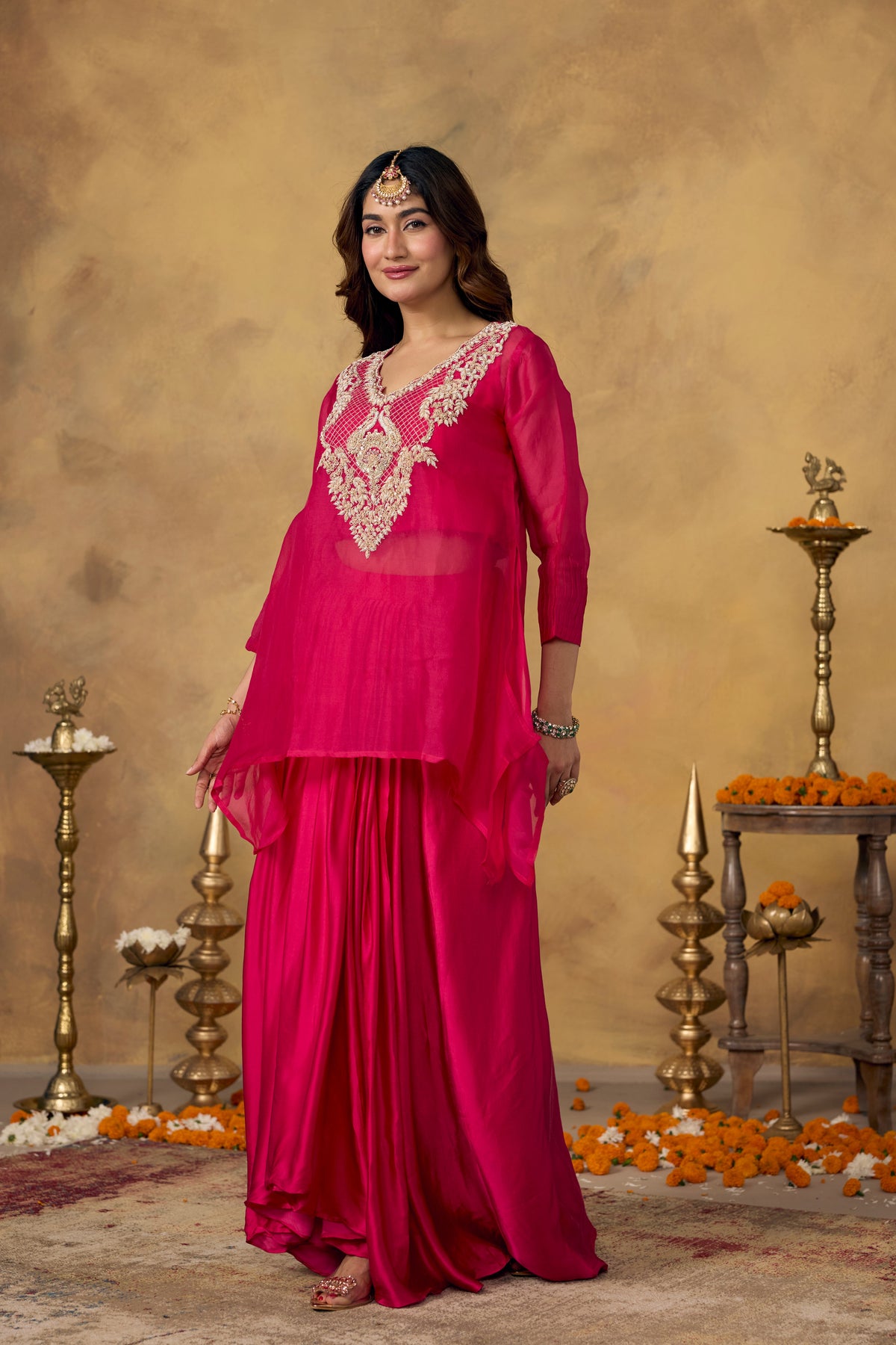 Pink Flamingo Embellished Satin Silk Skirt Set