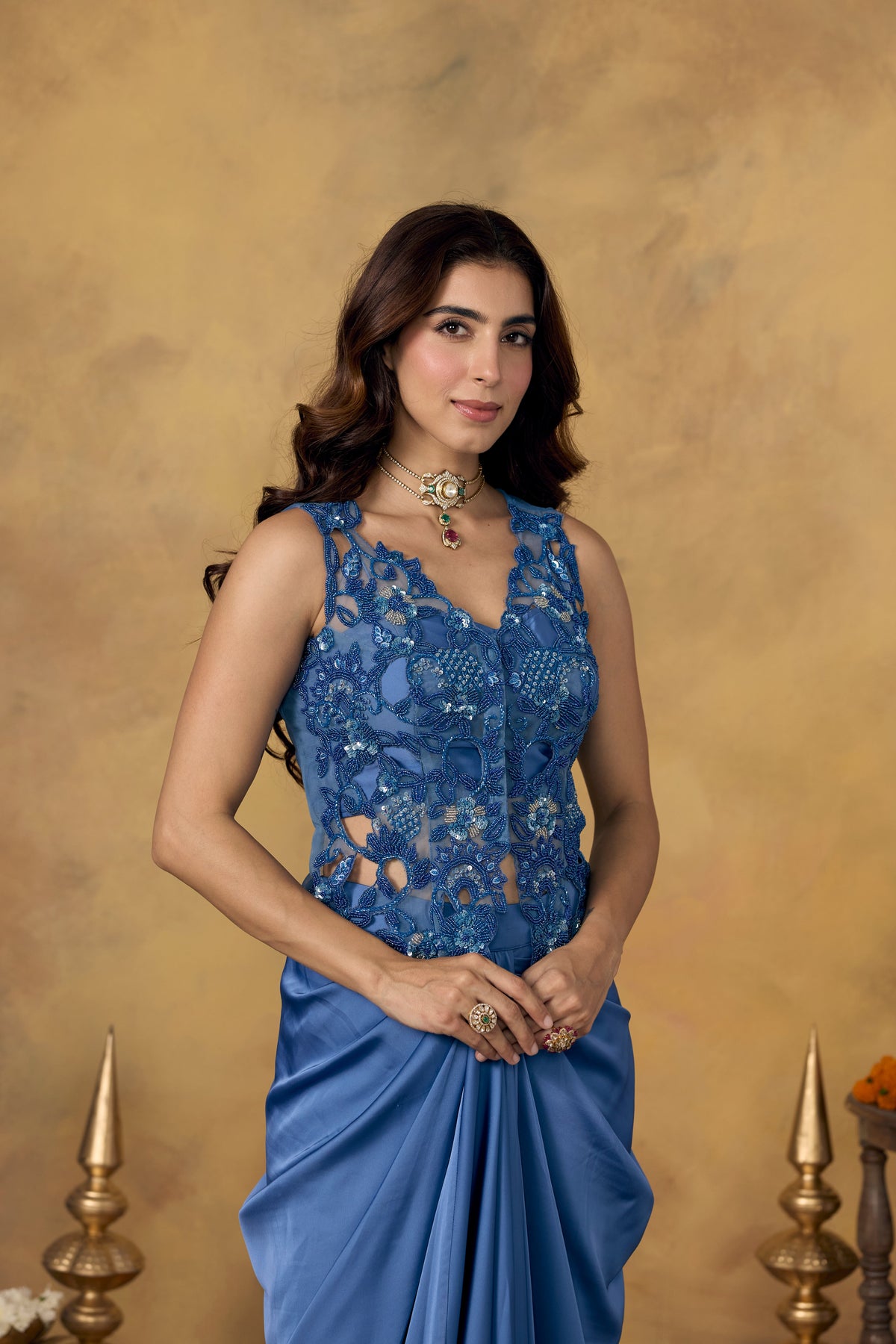 Dusty Blue Embellished Satin Silk Skirt Set