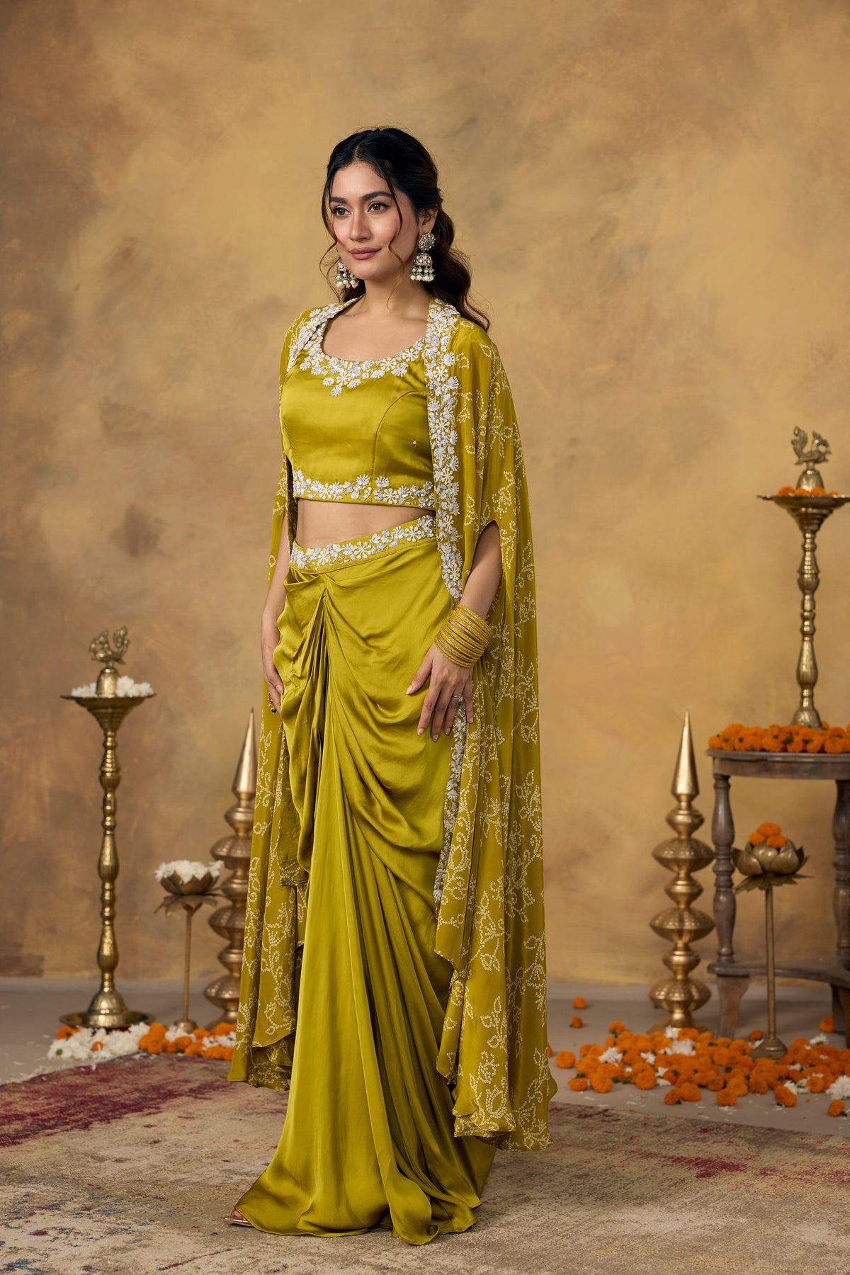 Pear Green Embellished Crepe Silk Skirt Set