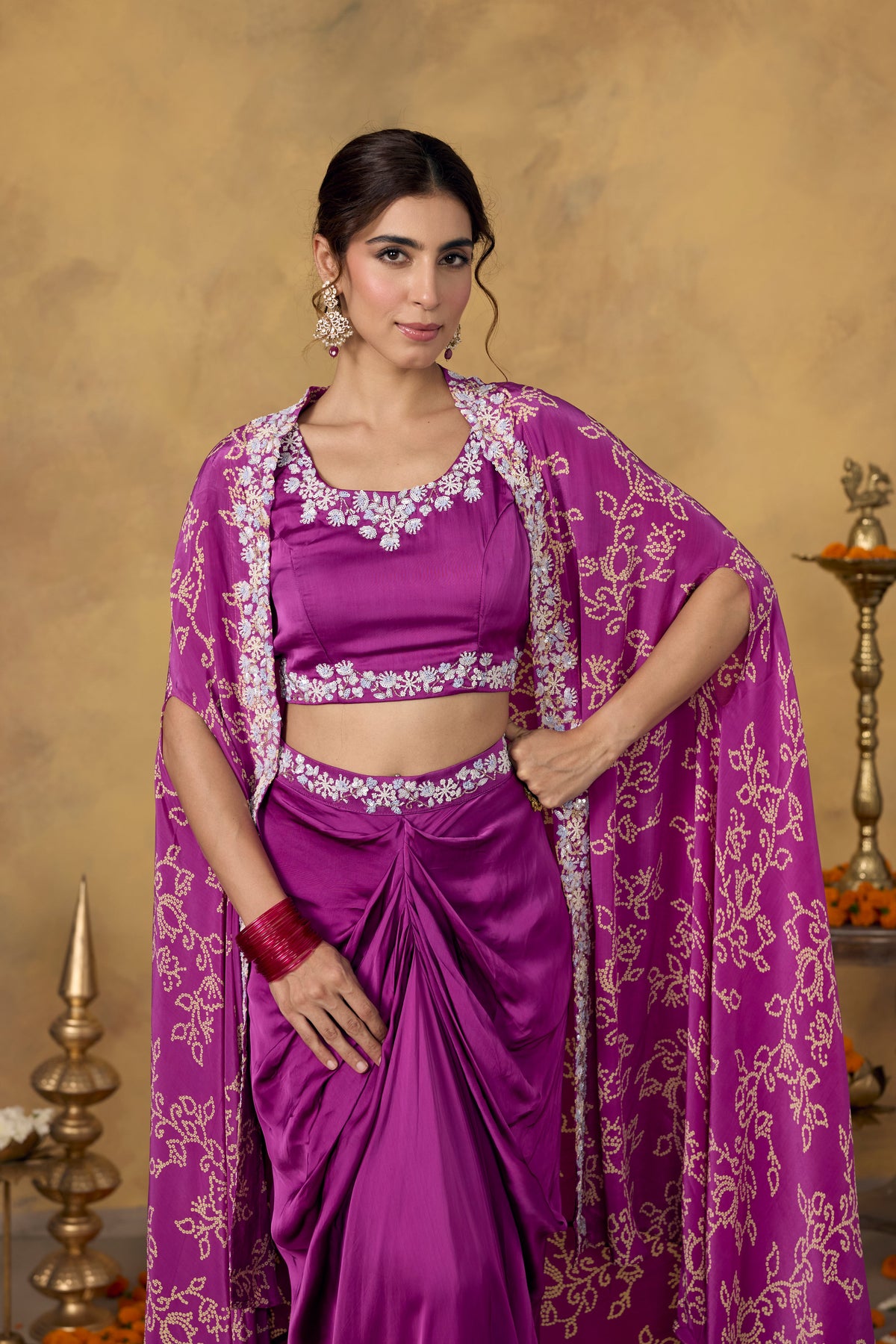 Light Purple Embellished Crepe Silk Skirt Set