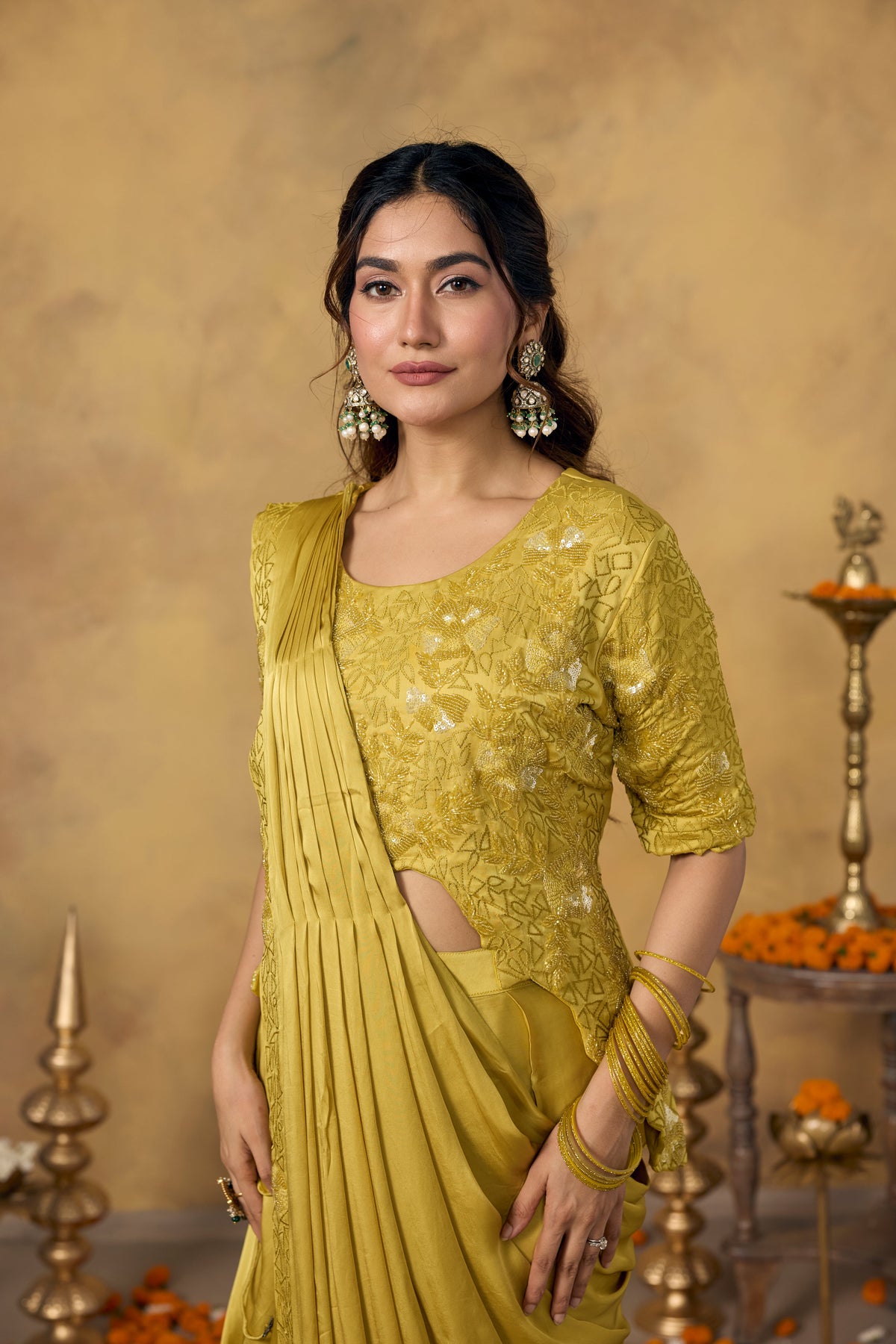 Muted Yellow Embellished Crepe Satin Silk Pre-Draped Saree