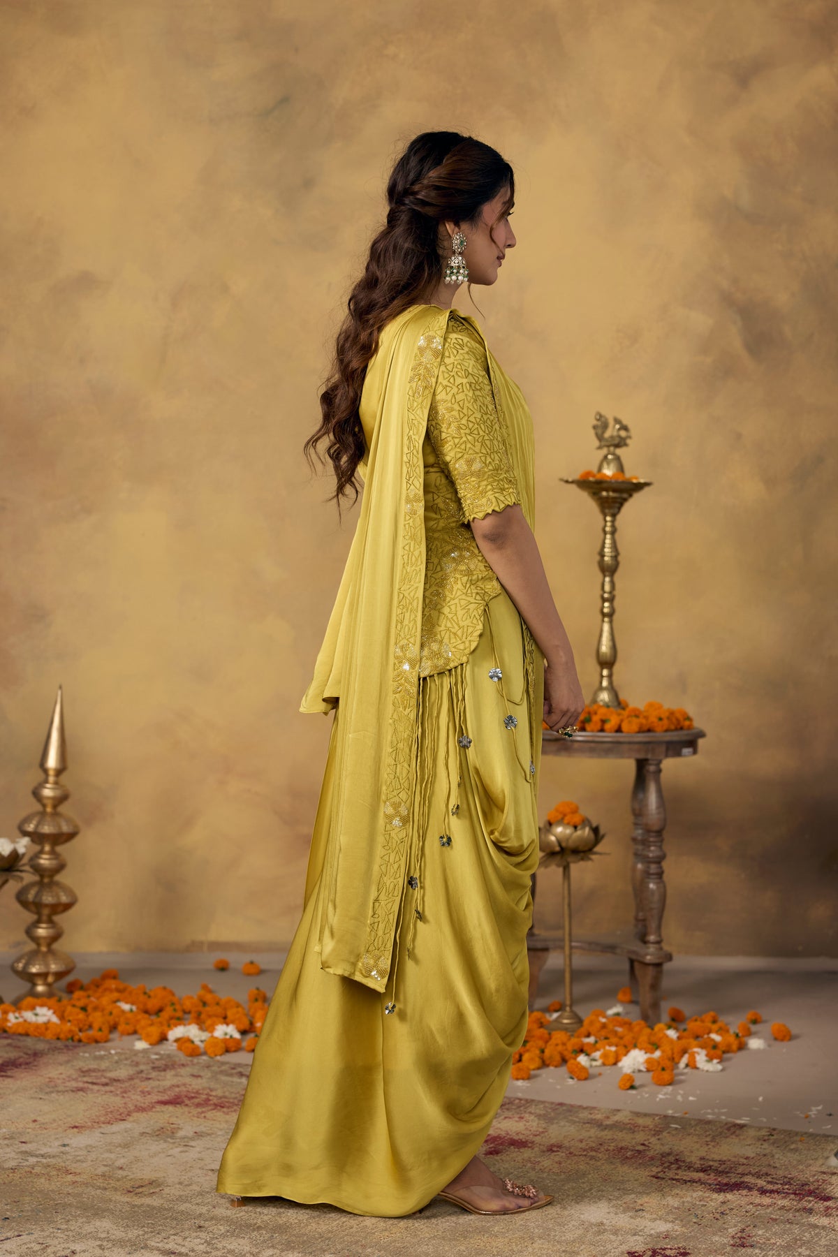 Muted Yellow Embellished Crepe Satin Silk Pre-Draped Saree