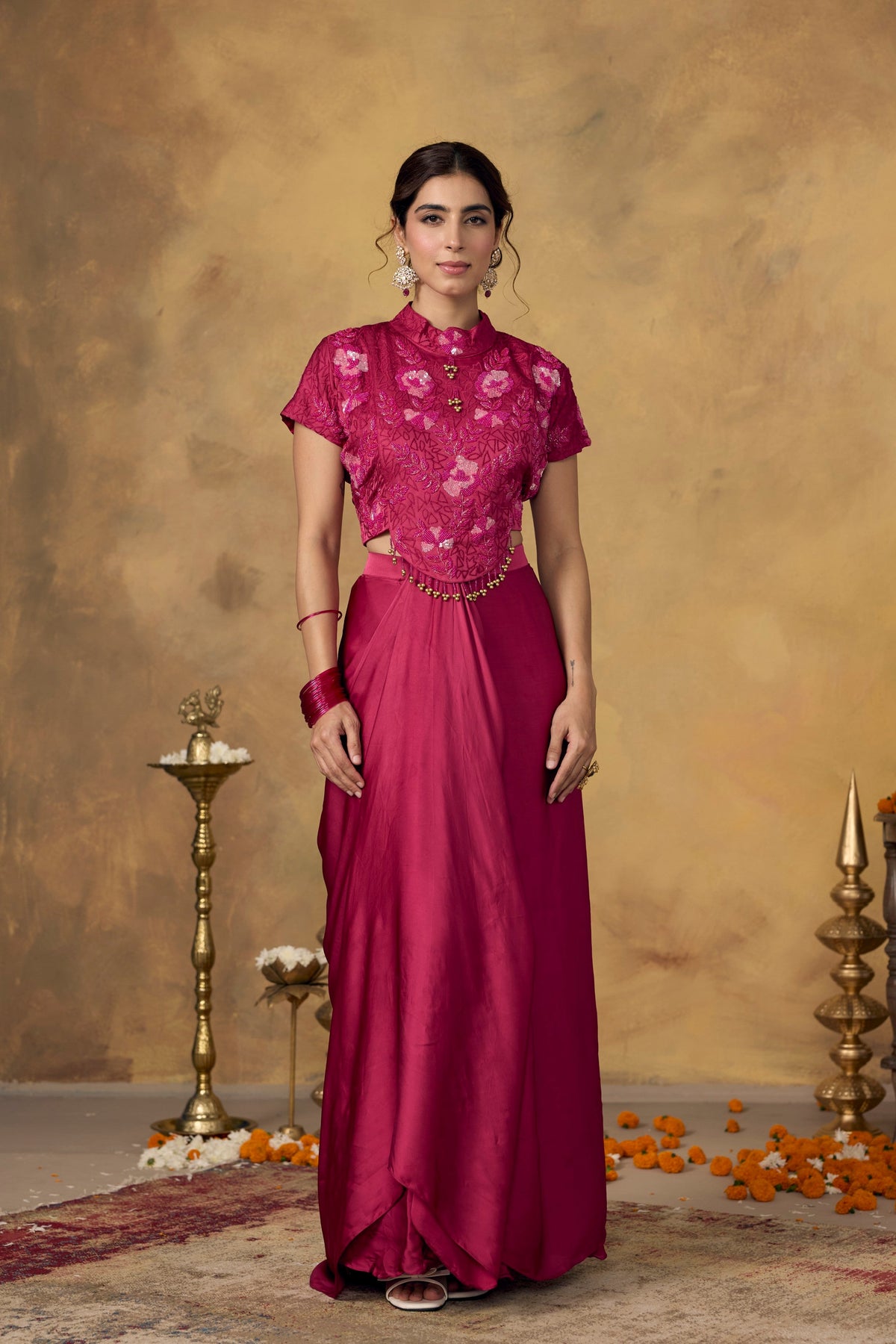 Fuchsia Pink Embellished Satin Silk Draped Skirt Set