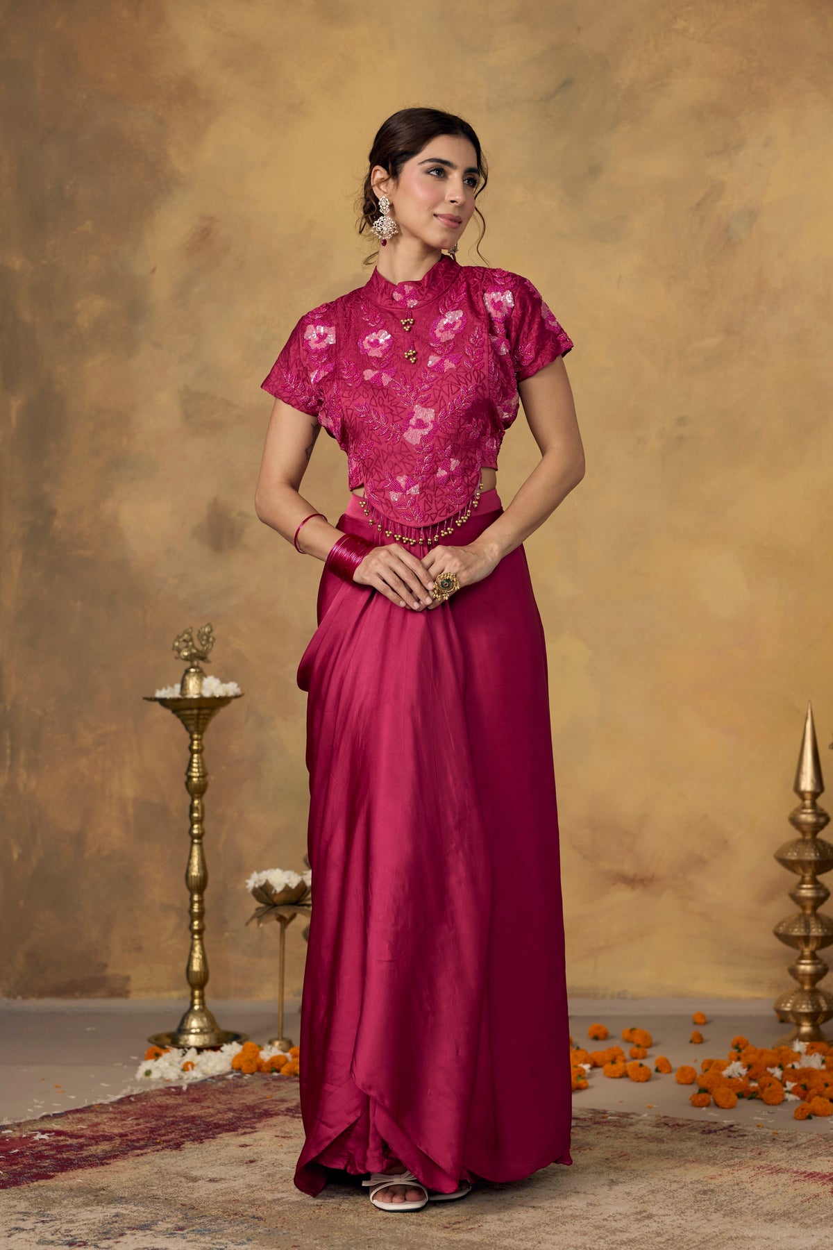 Fuchsia Pink Embellished Satin Silk Draped Skirt Set