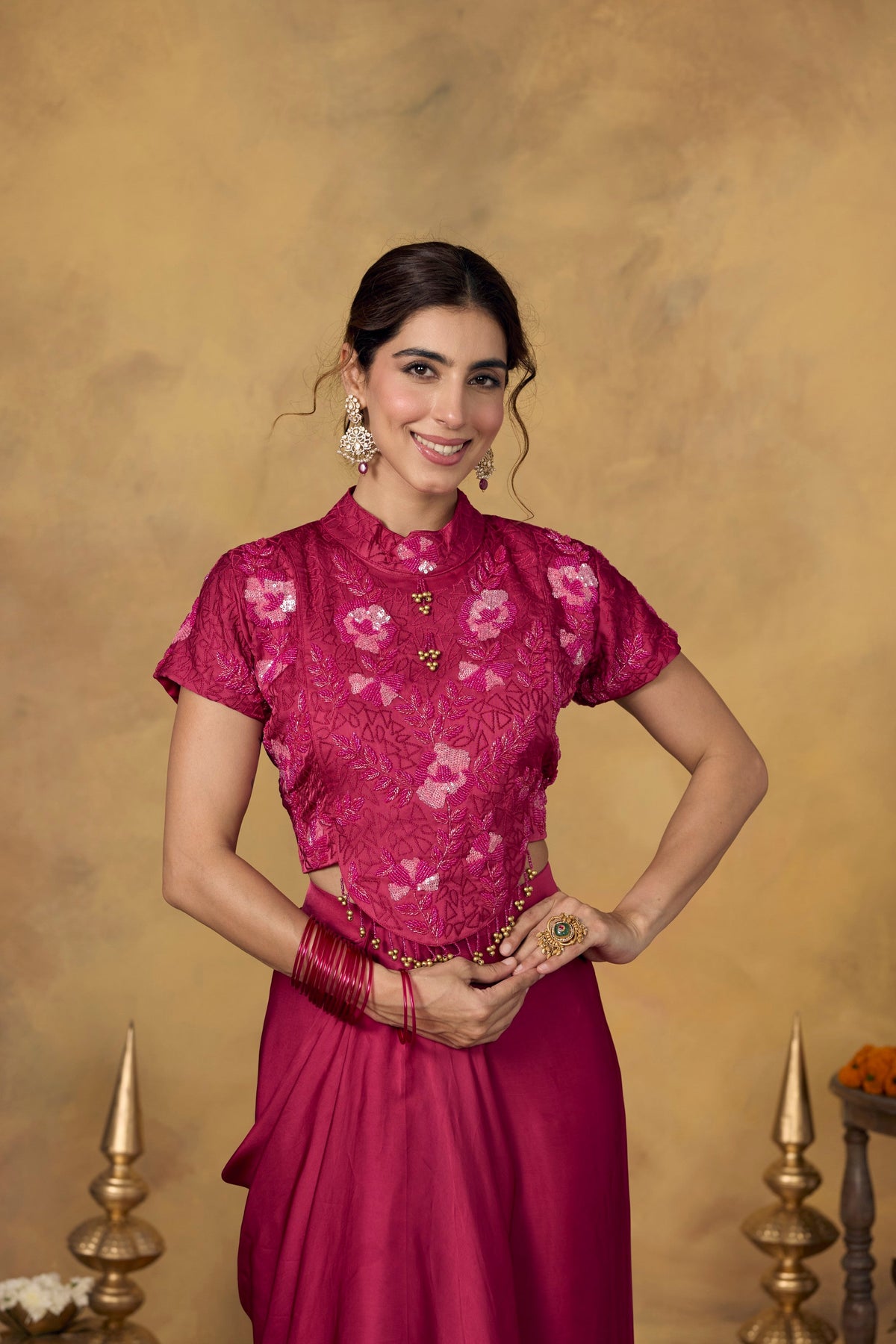 Fuchsia Pink Embellished Satin Silk Draped Skirt Set