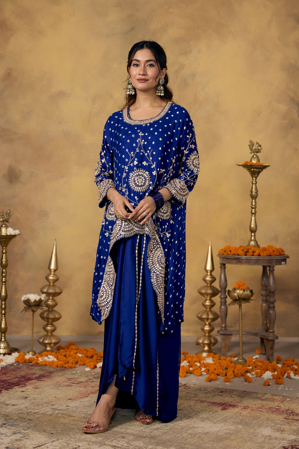 Deep Cobalt Blue Embellished Satin Silk Skirt Set