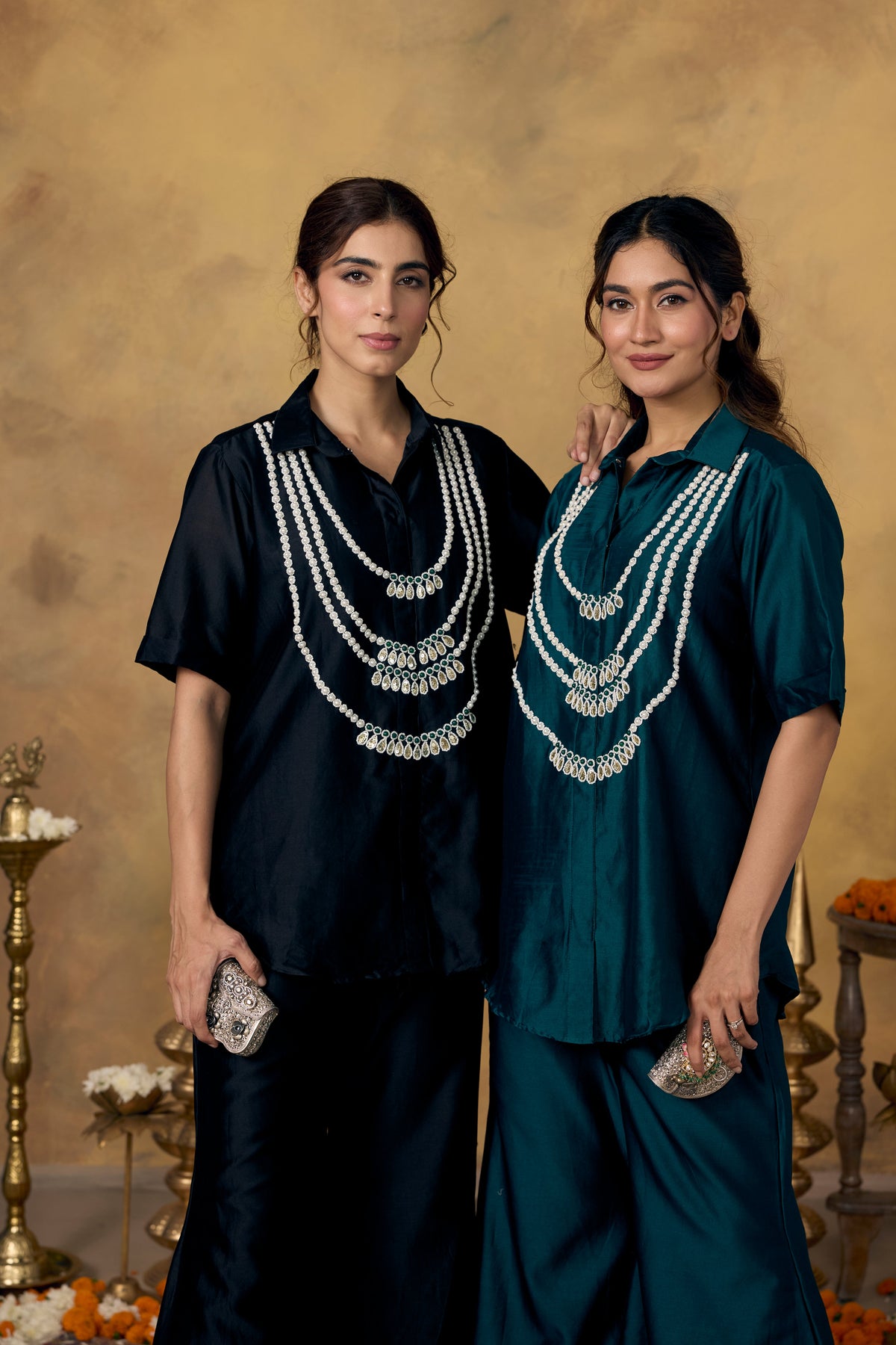 Deep Teal Embellished Mul Silk Co-Ord Set