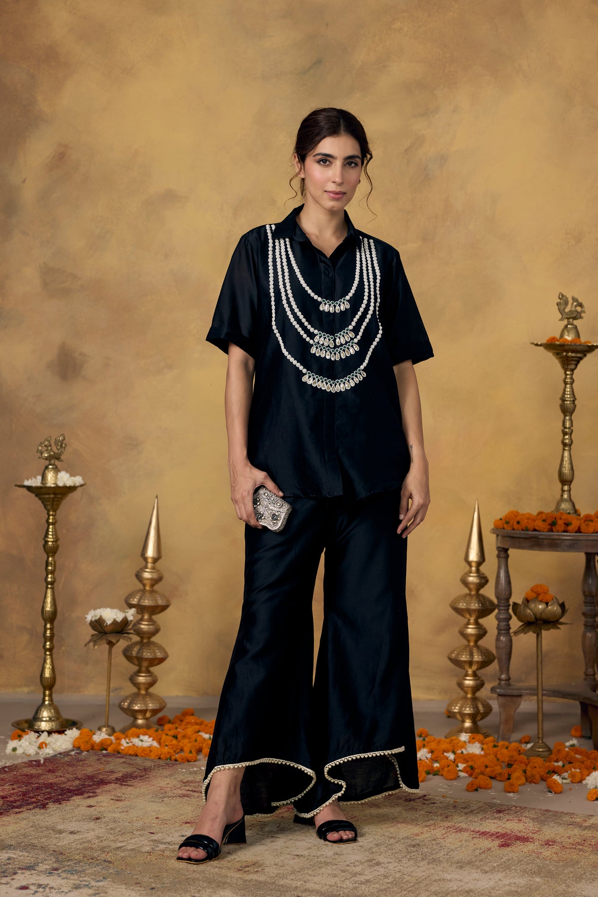 Midnight Black Embellished Mul Silk Co-Ord Set