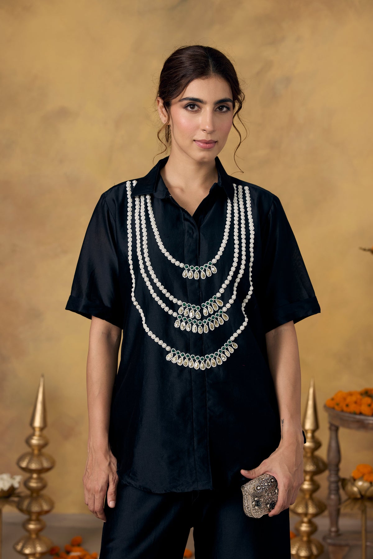 Midnight Black Embellished Mul Silk Co-Ord Set