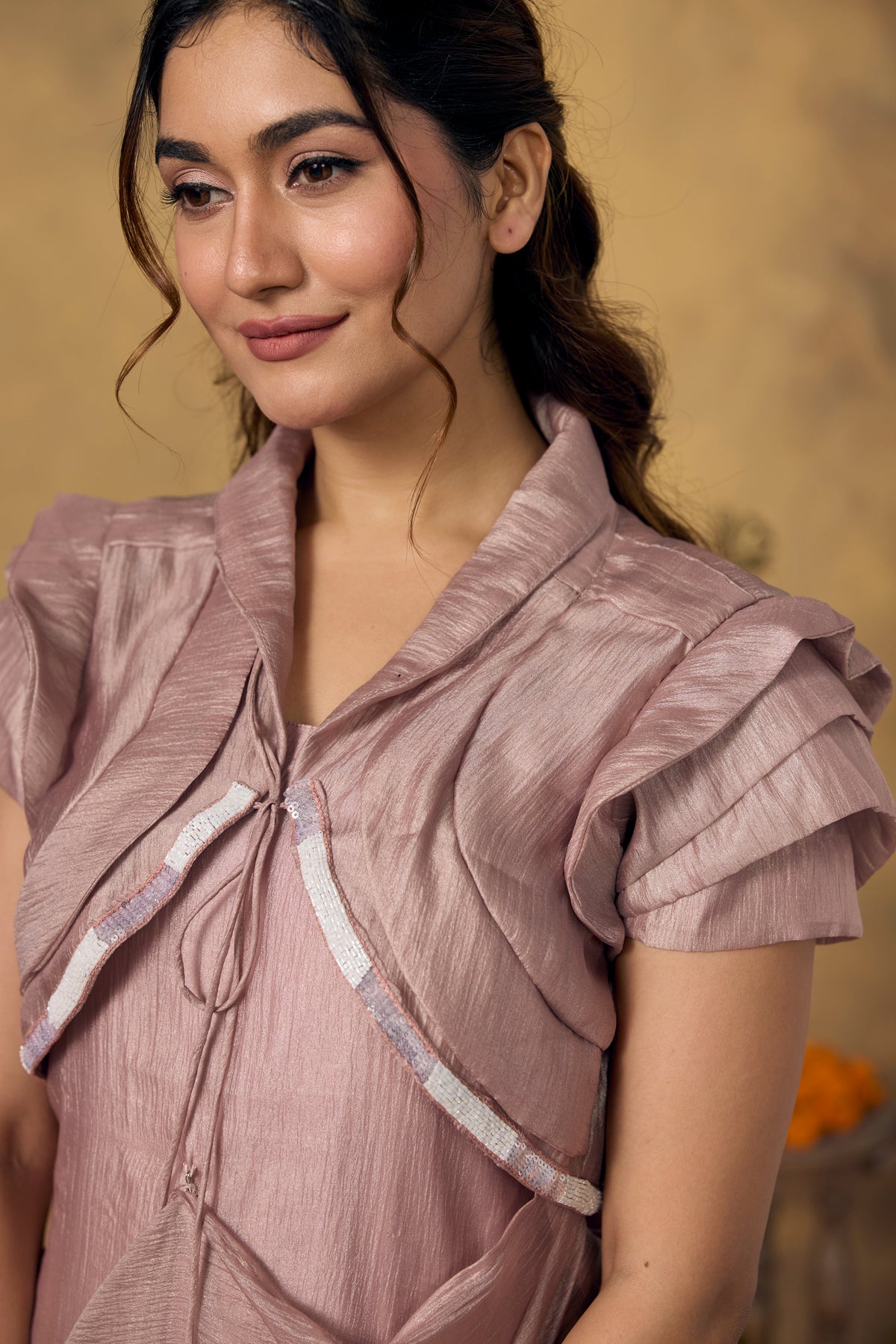 Rose Pink Embellished Shimmer Tissue Silk Dress