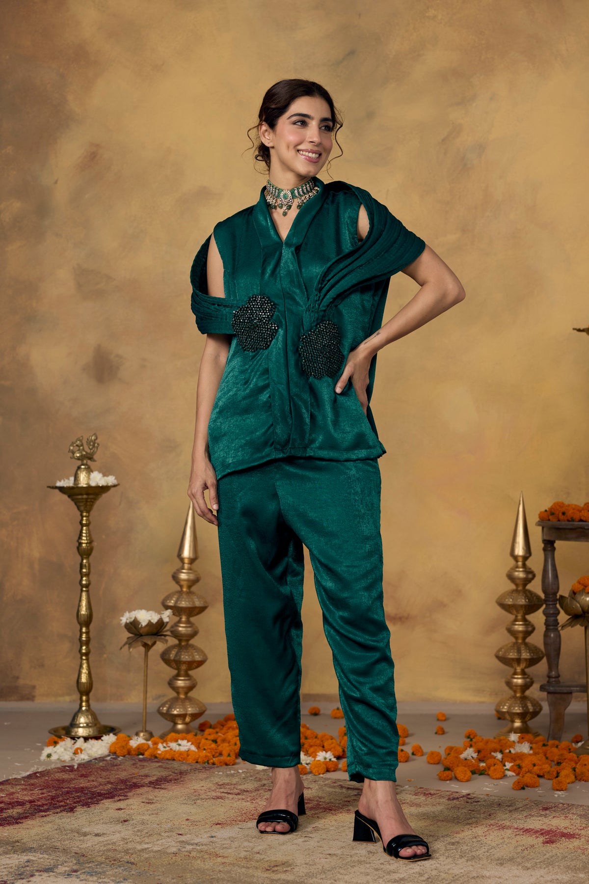 Emerald Green Embellished Premium Silk Co-Ord Set