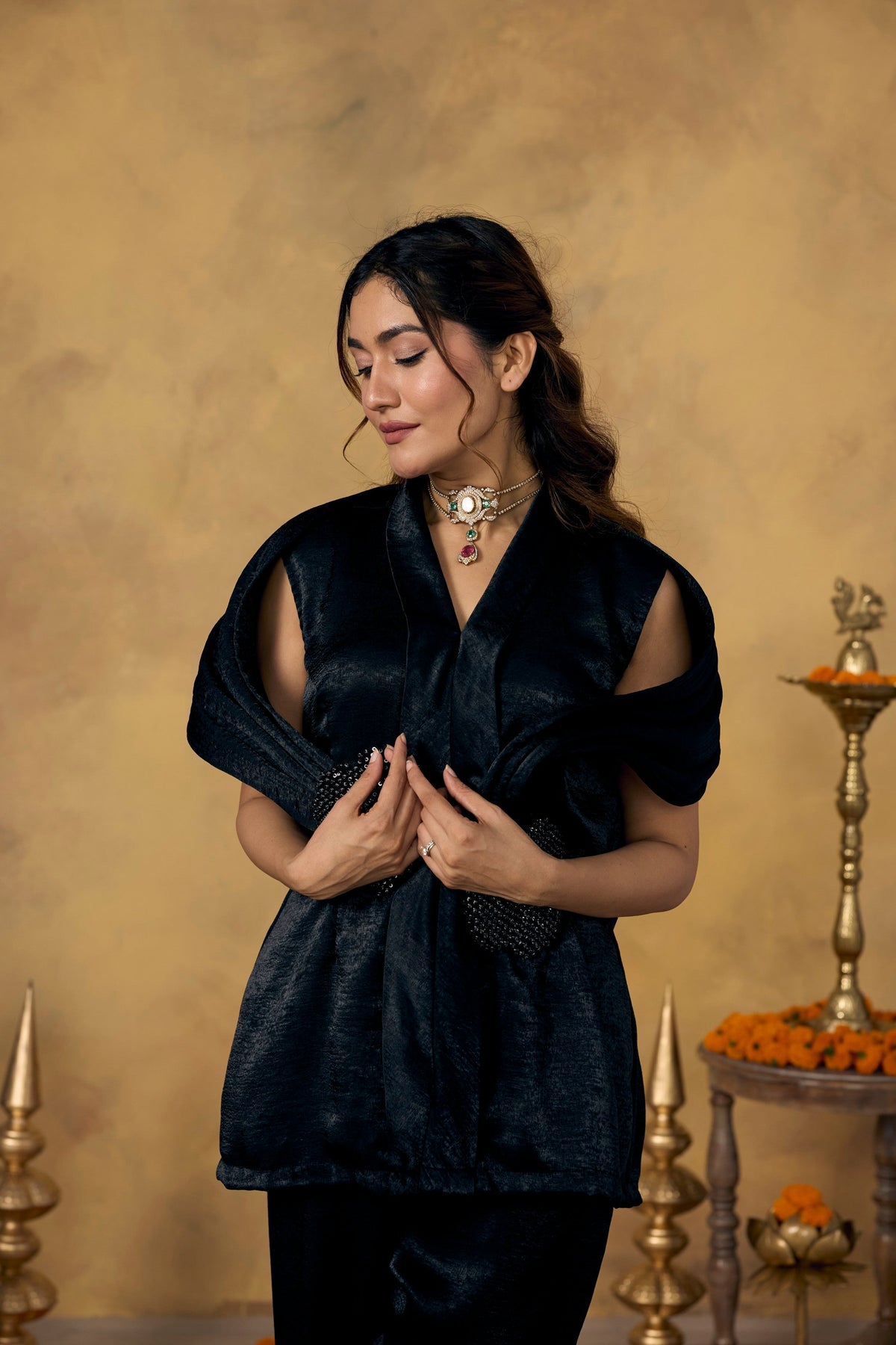 Coal Black Embellished Premium Silk Co-Ord Set