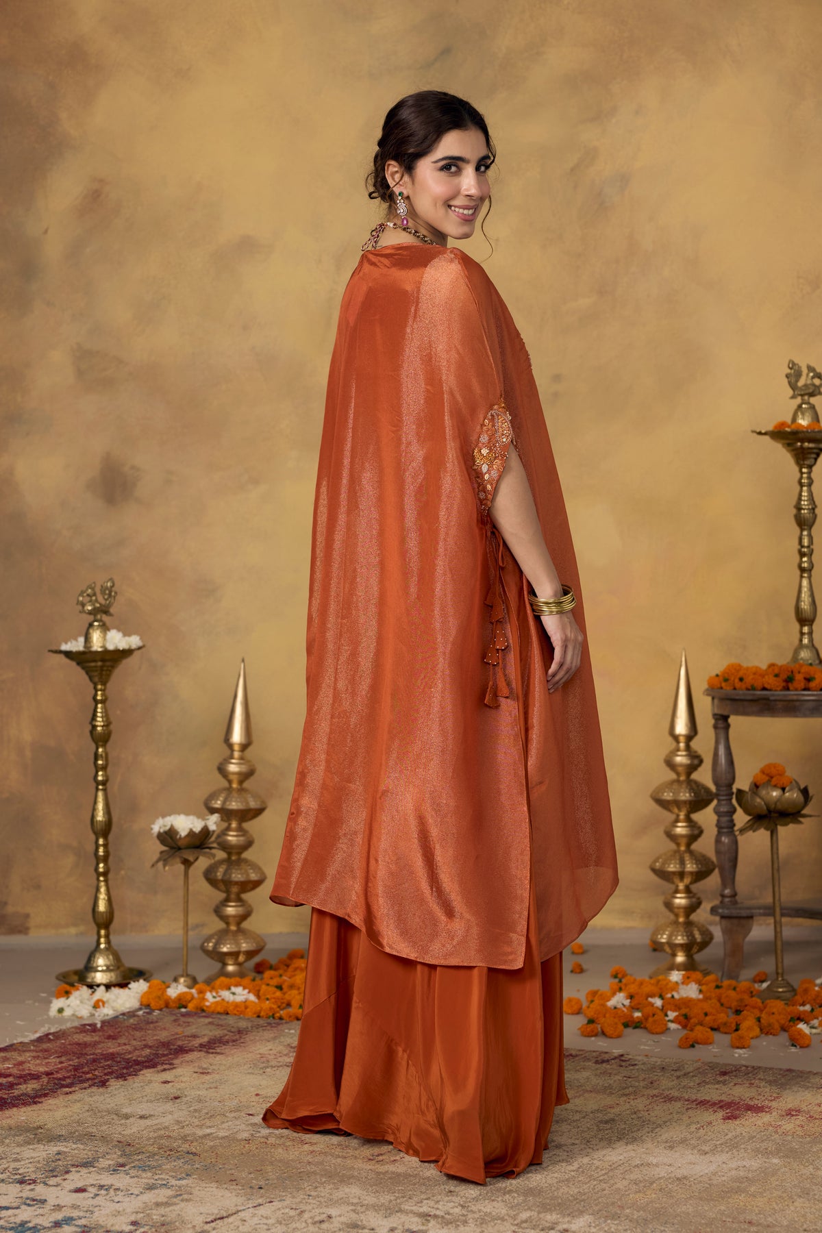 Rust Orange Embellished Shimmer Silk Kaftan Set