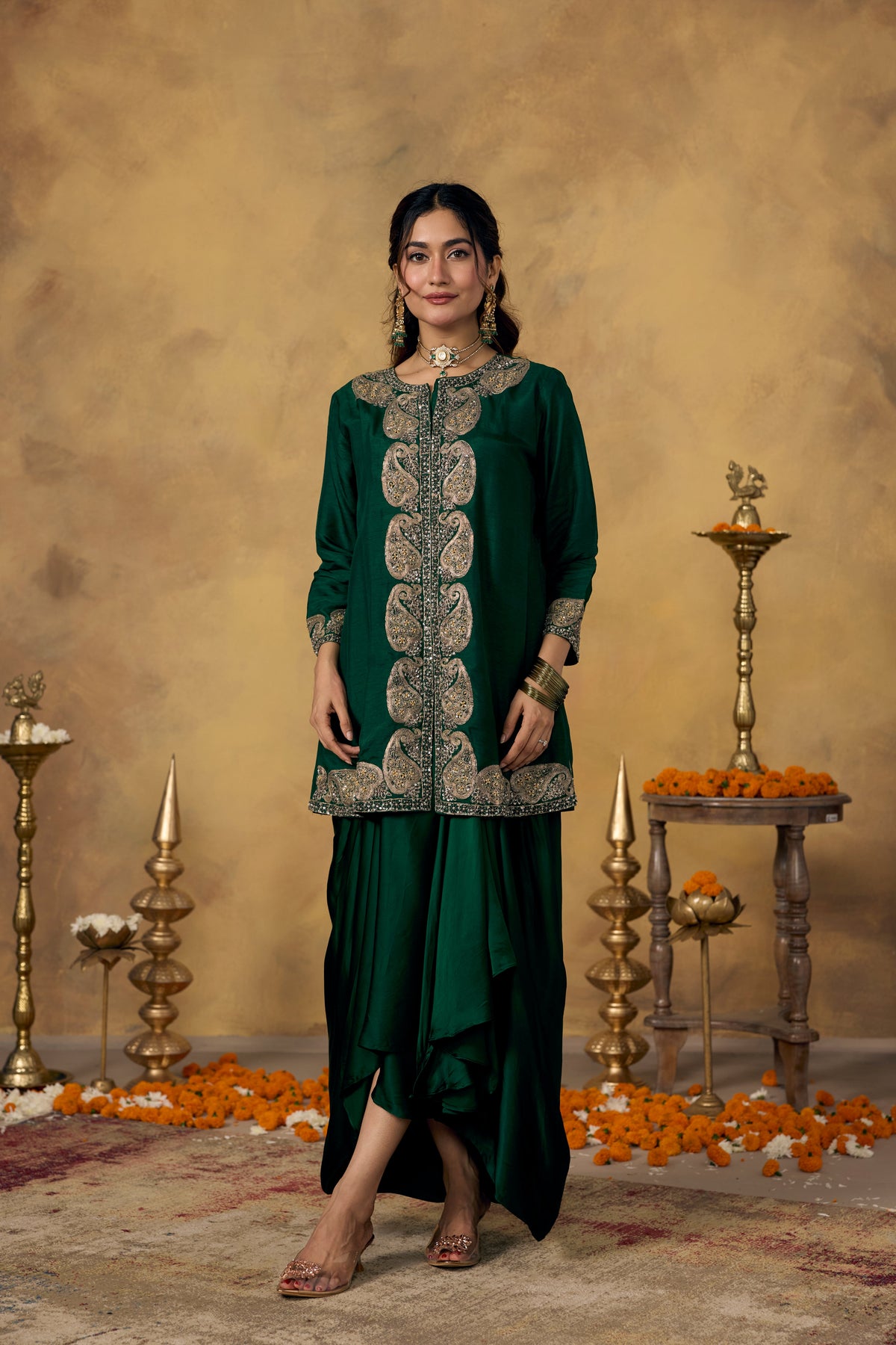 Royal Green Embellished Raw Silk Skirt Set