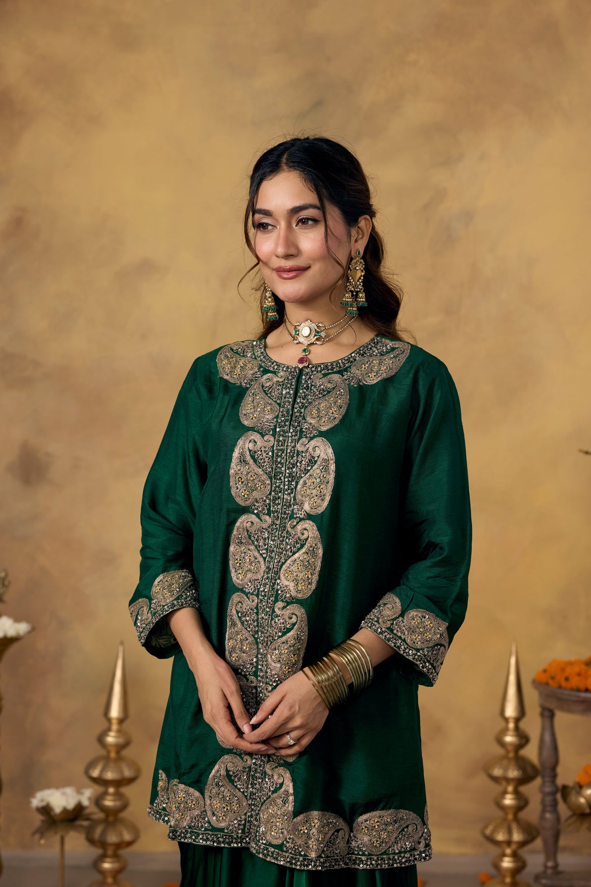 Royal Green Embellished Raw Silk Skirt Set