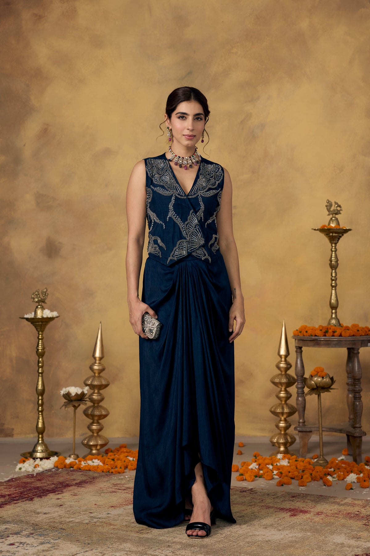 Midnight Blue Embellished Raw Silk Skirt Set