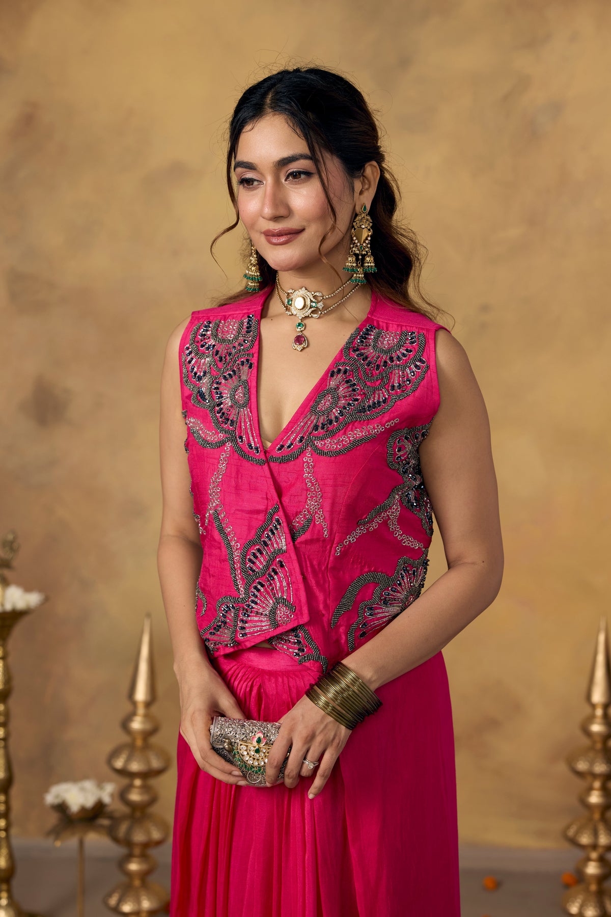 Hot Pink Embellished Raw Silk Skirt Set