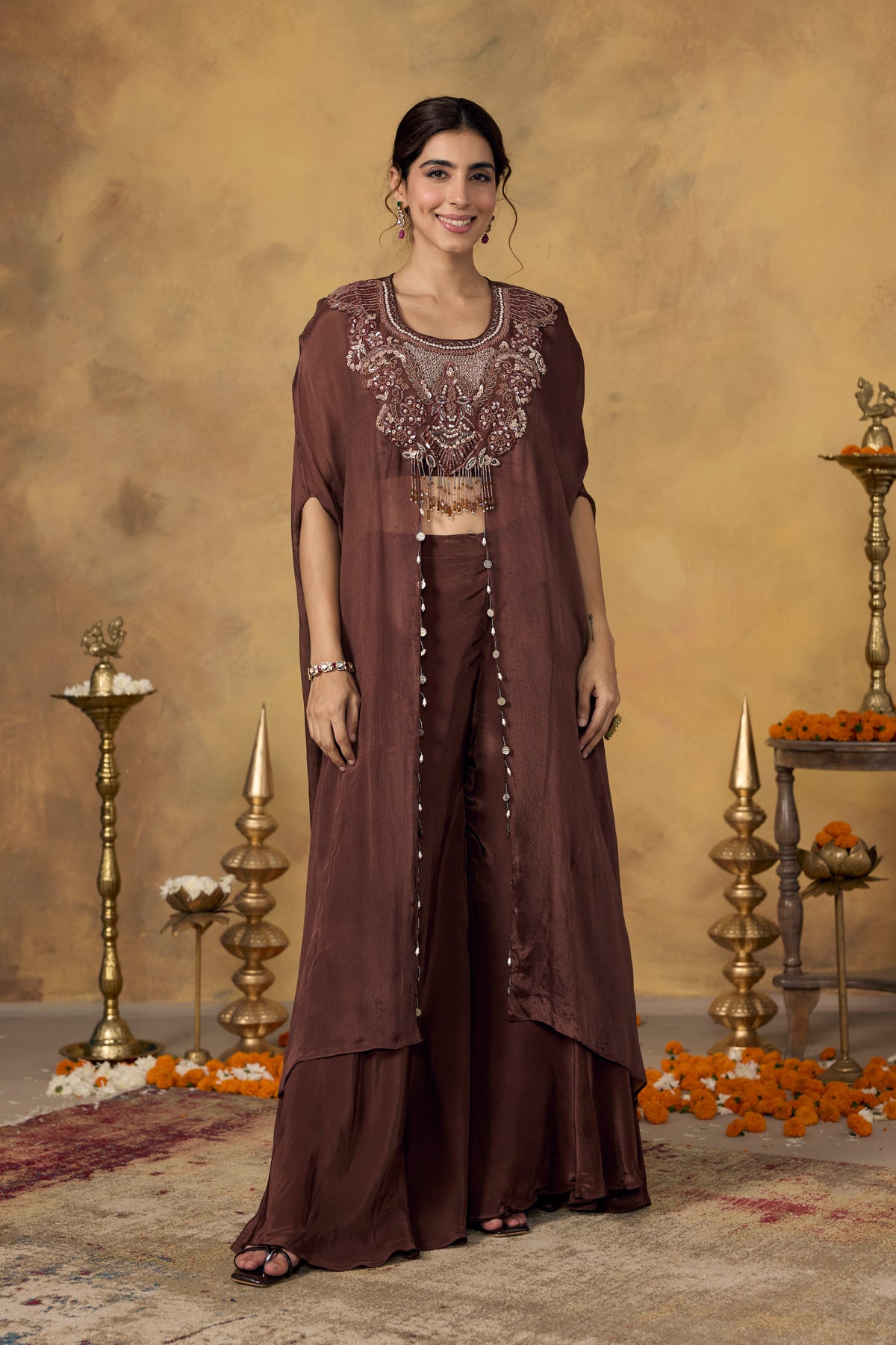 Chocolate Brown Embellished Chinon Silk Kaftan Set