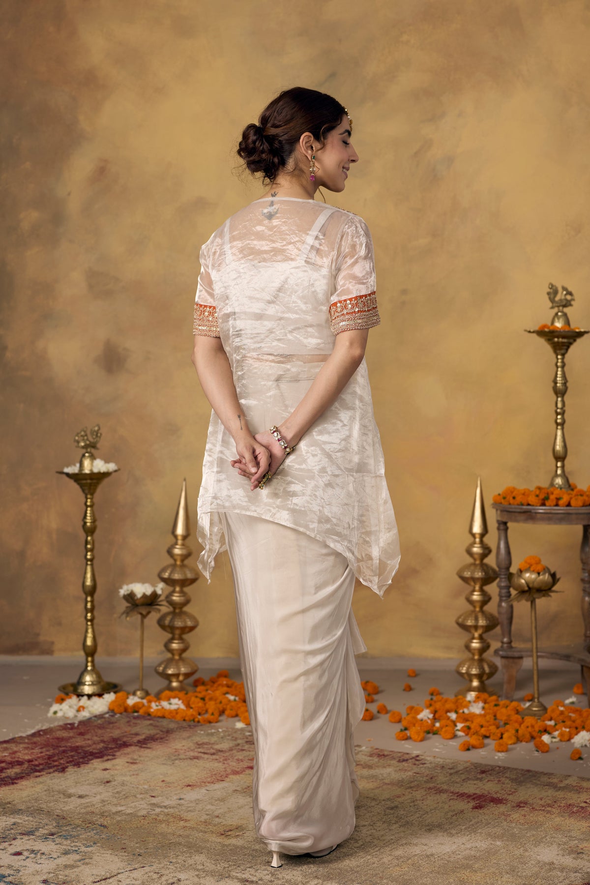 Champagne Orange Embellished Crepe Silk Skirt Set