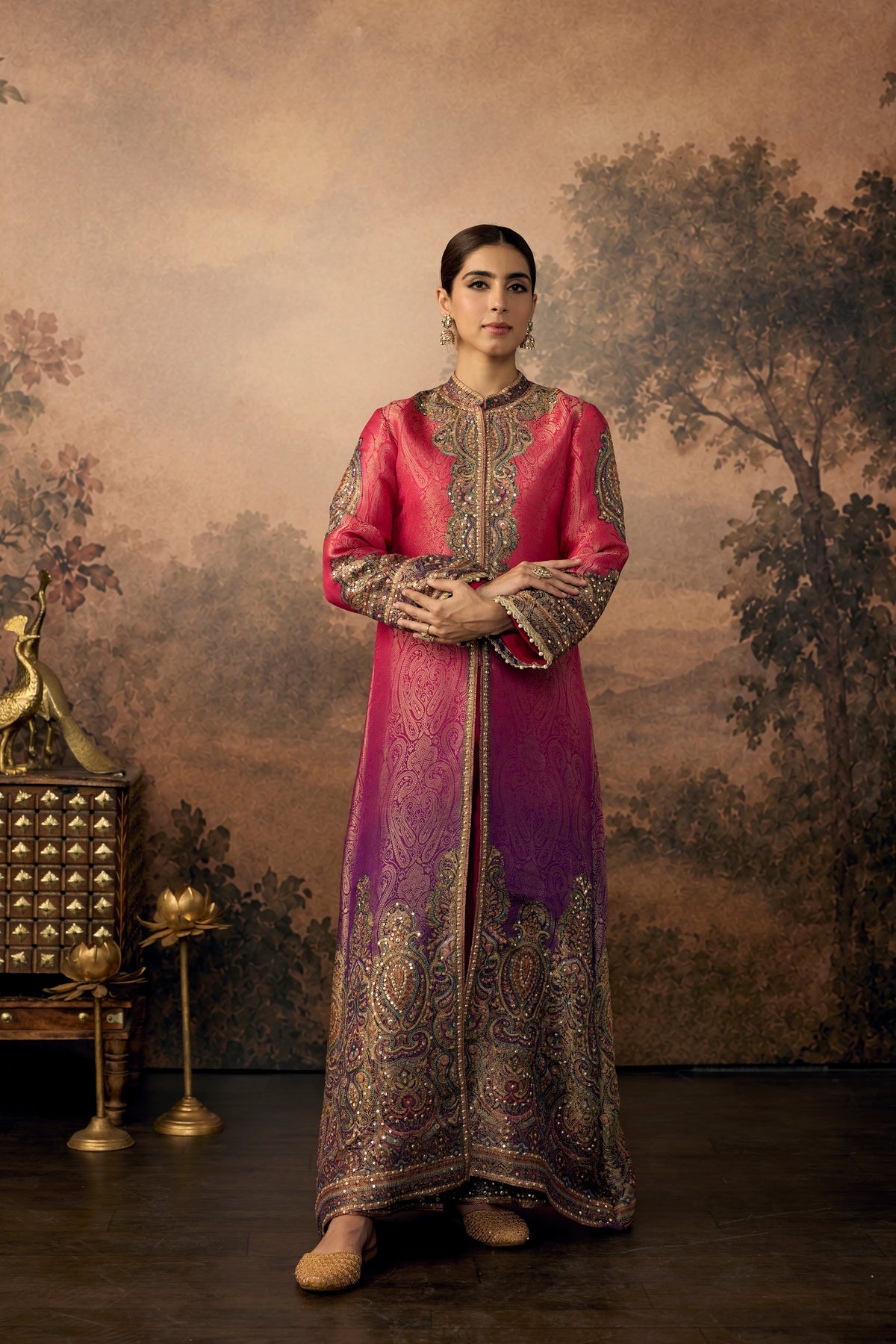 Ombre Pink Embellished Banarasi Brocade Silk Pant Set