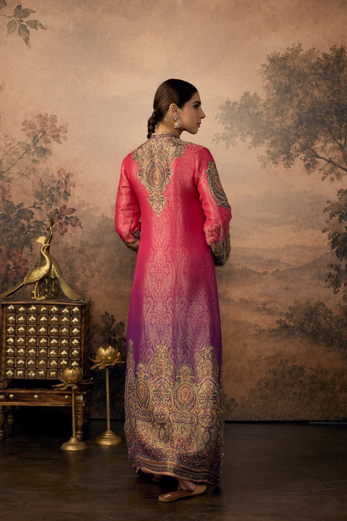 Ombre Pink Embellished Banarasi Brocade Silk Pant Set