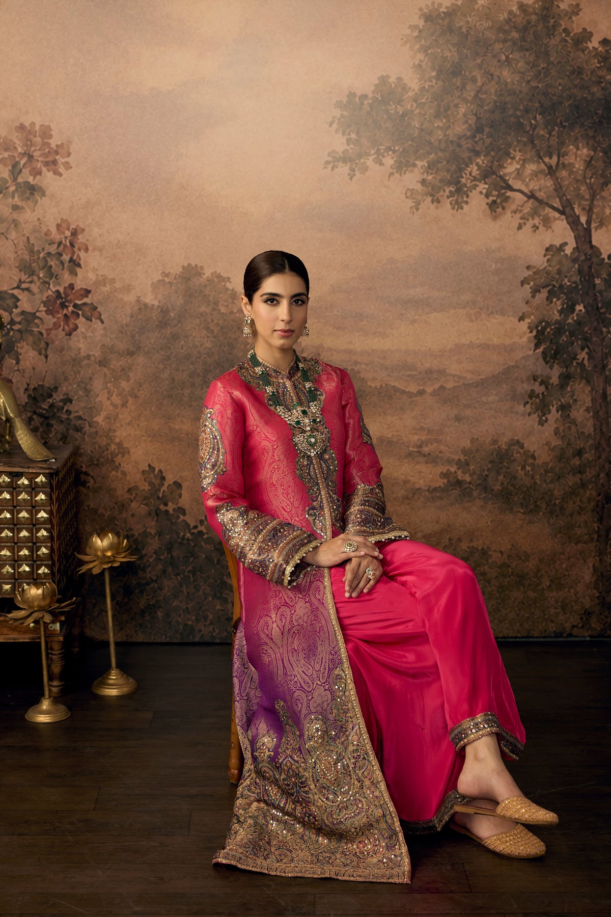 Ombre Pink Embellished Banarasi Brocade Silk Pant Set