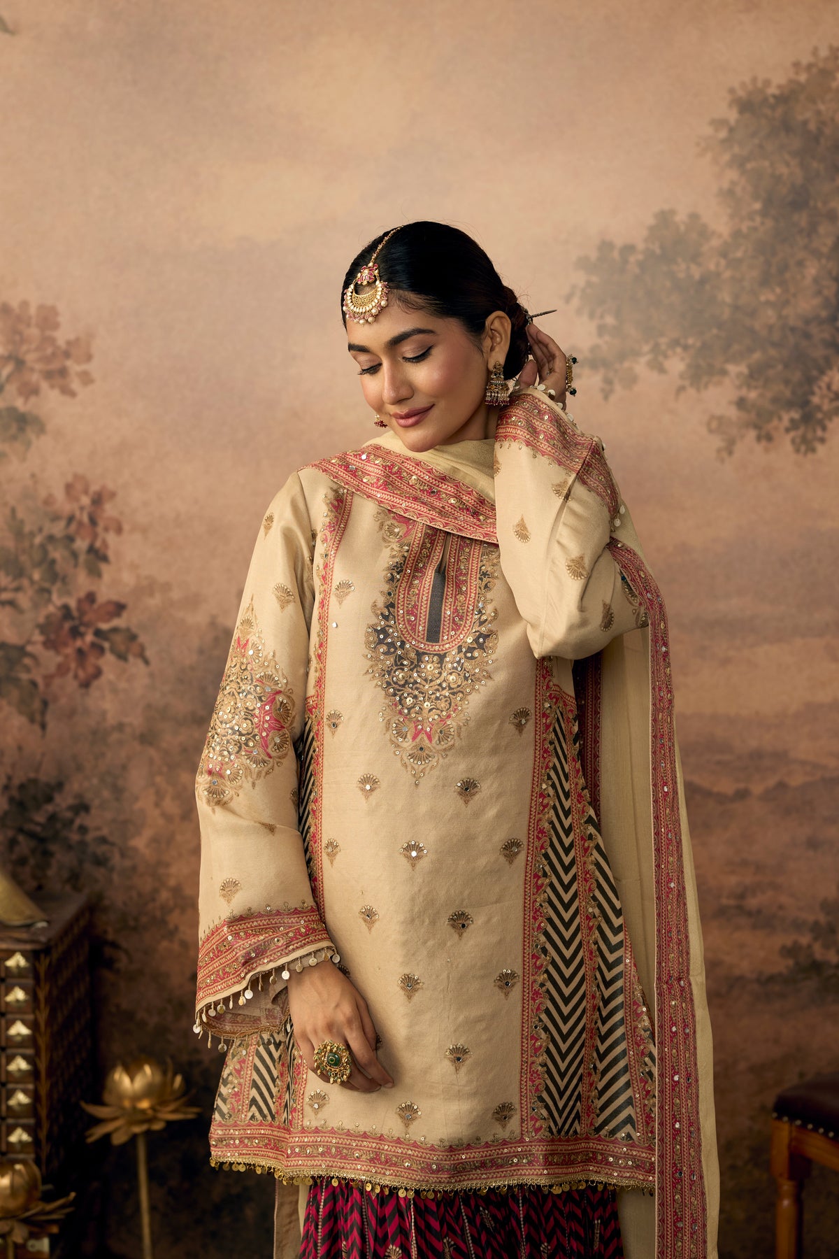 Beige Pink Embellished Shimmer Silk Sharara Set