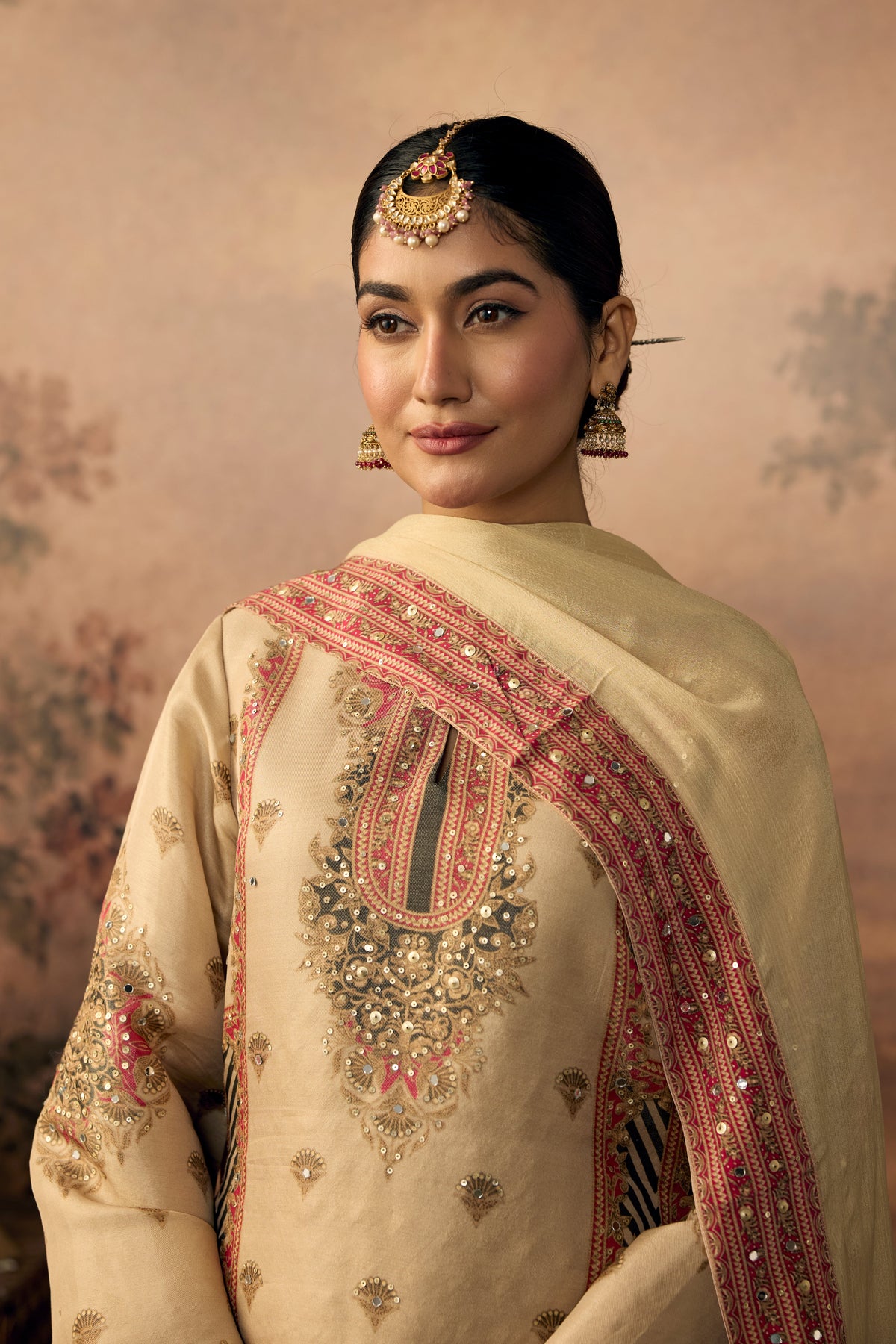 Beige Pink Embellished Shimmer Silk Sharara Set