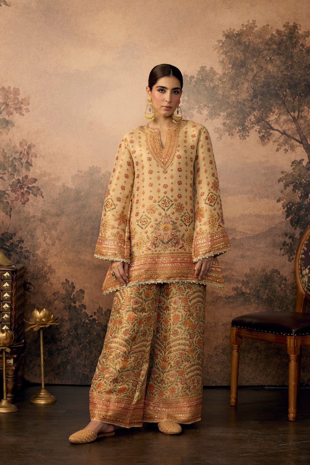 Champagne Gold Embellished Shimmer Silk Palazzo Set