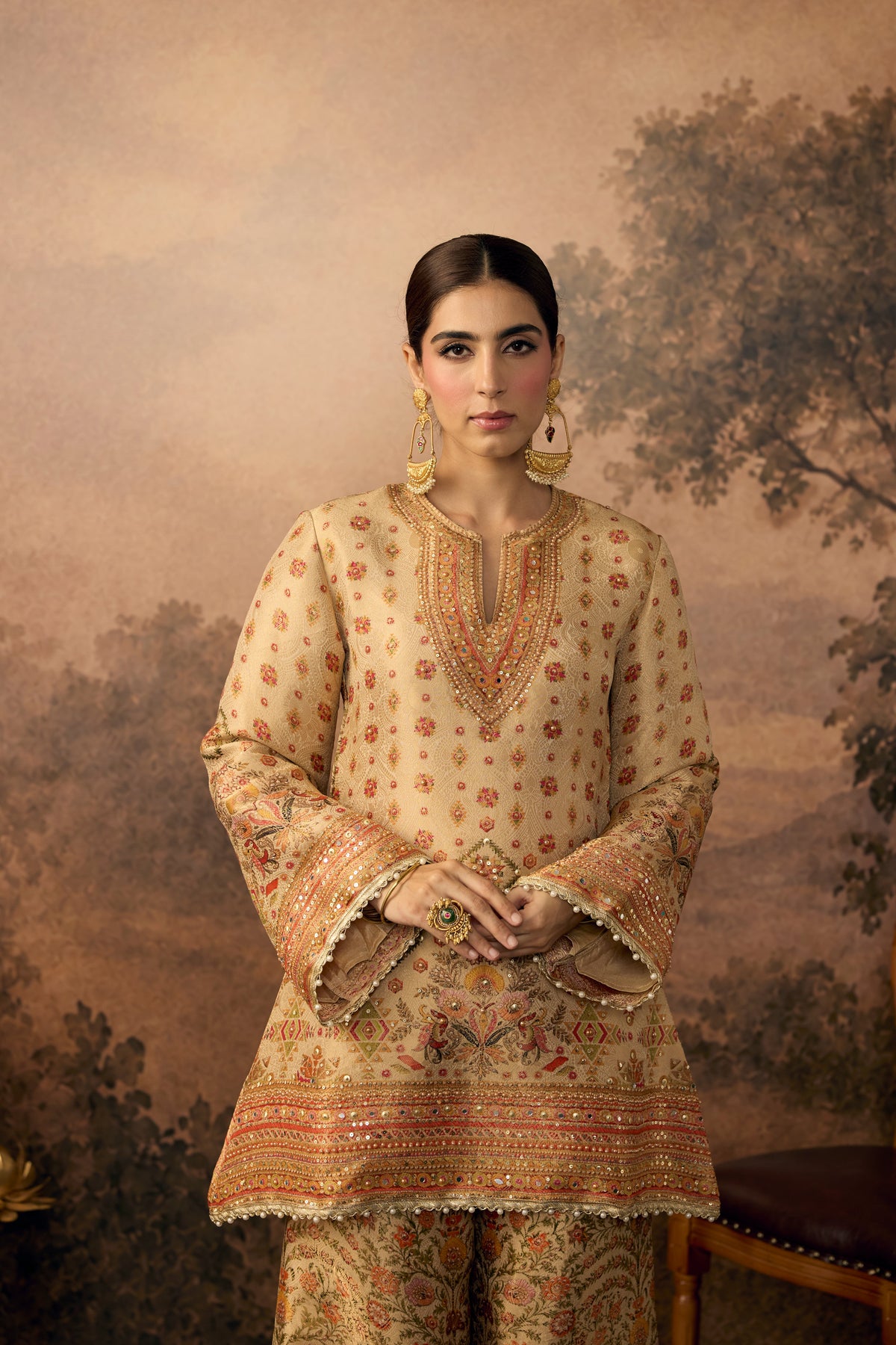 Champagne Gold Embellished Shimmer Silk Palazzo Set