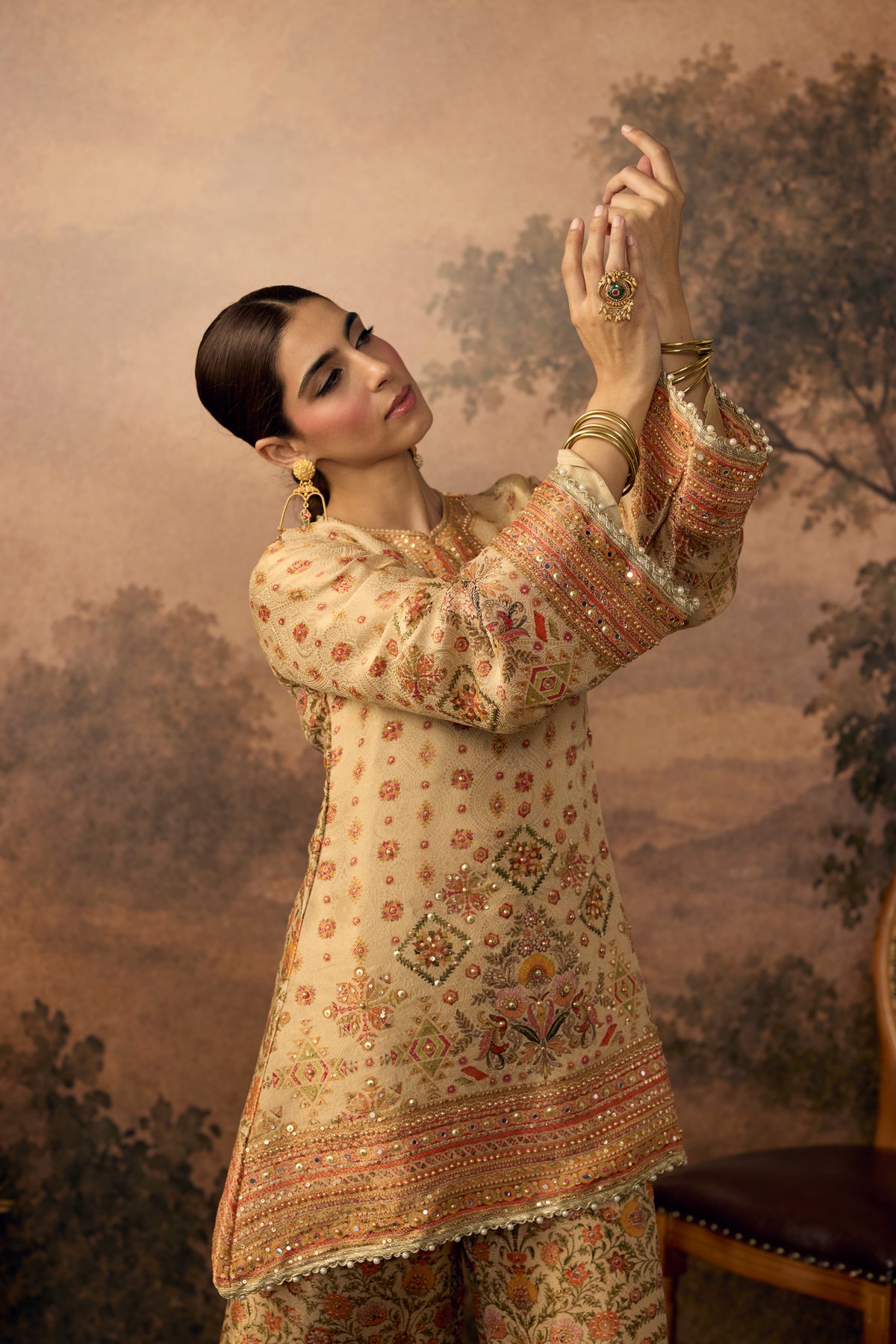 Champagne Gold Embellished Shimmer Silk Palazzo Set