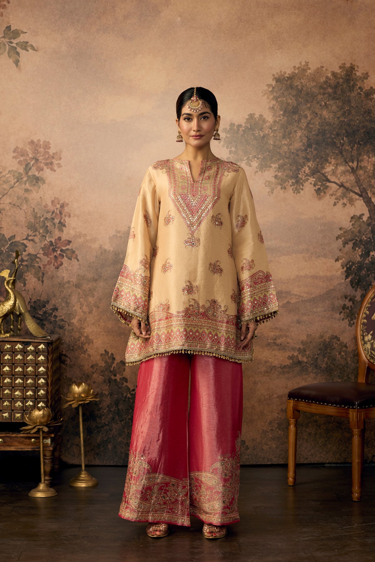 Beige Magenta Embellished Shimmer Silk Palazzo Set