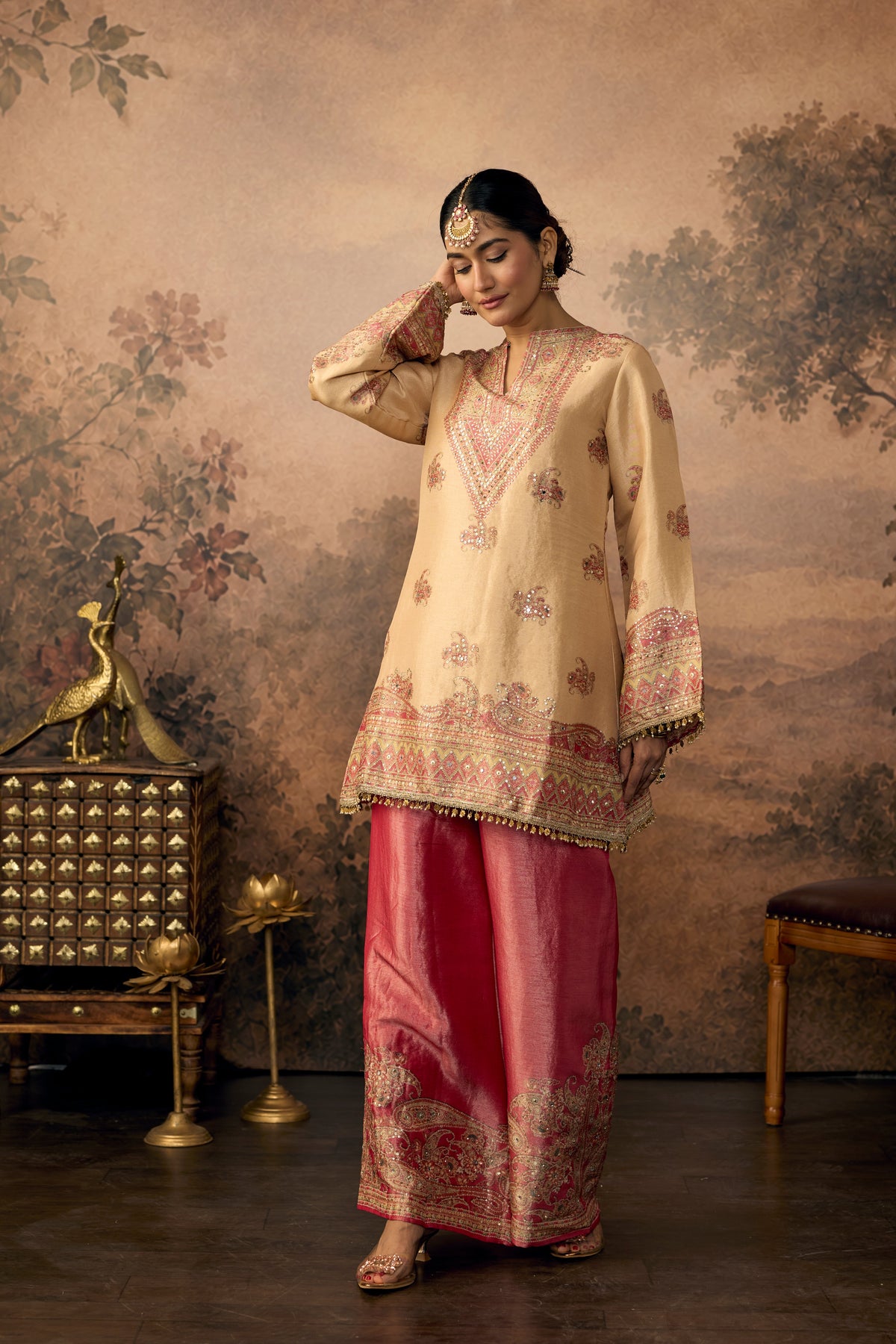 Beige Magenta Embellished Shimmer Silk Palazzo Set
