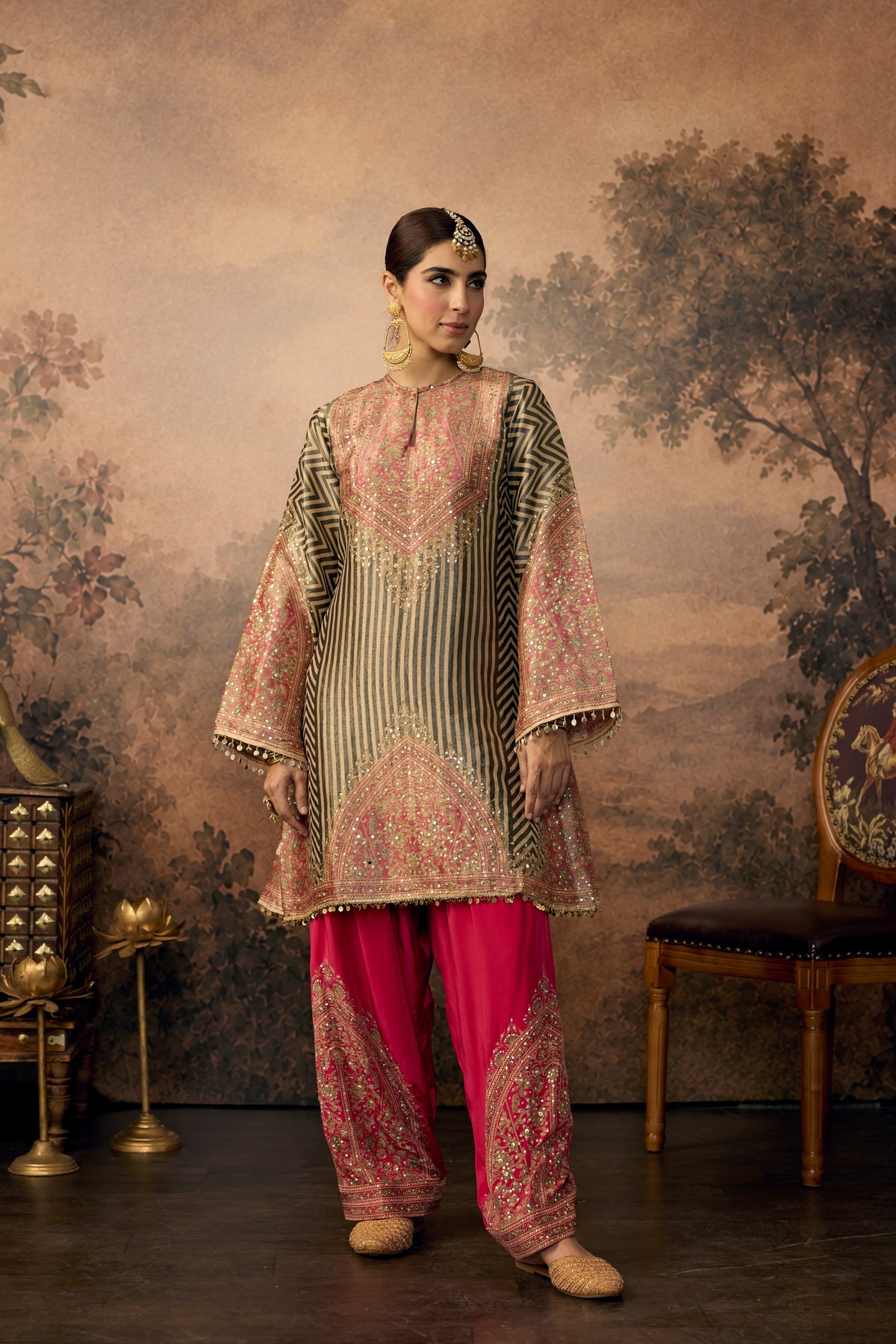 Olive Green & Pink Embellished Shimmer Silk Salwar Set