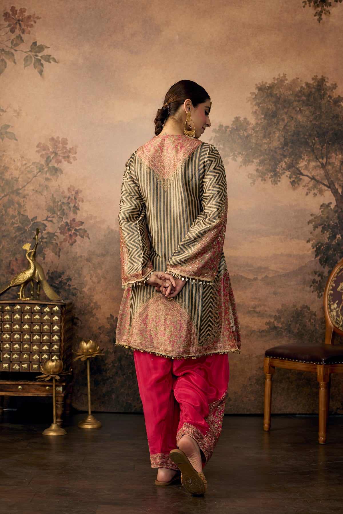 Olive Green & Pink Embellished Shimmer Silk Salwar Set