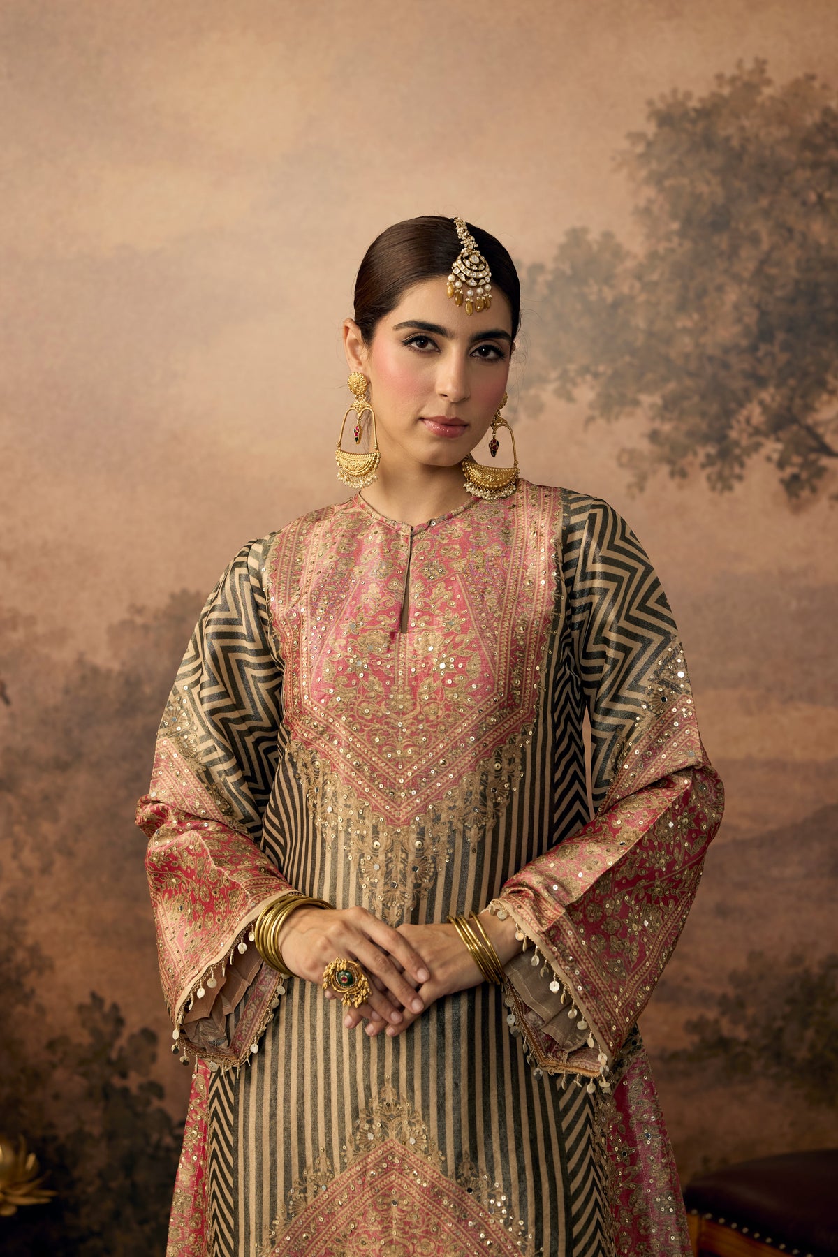 Olive Green & Pink Embellished Shimmer Silk Salwar Set