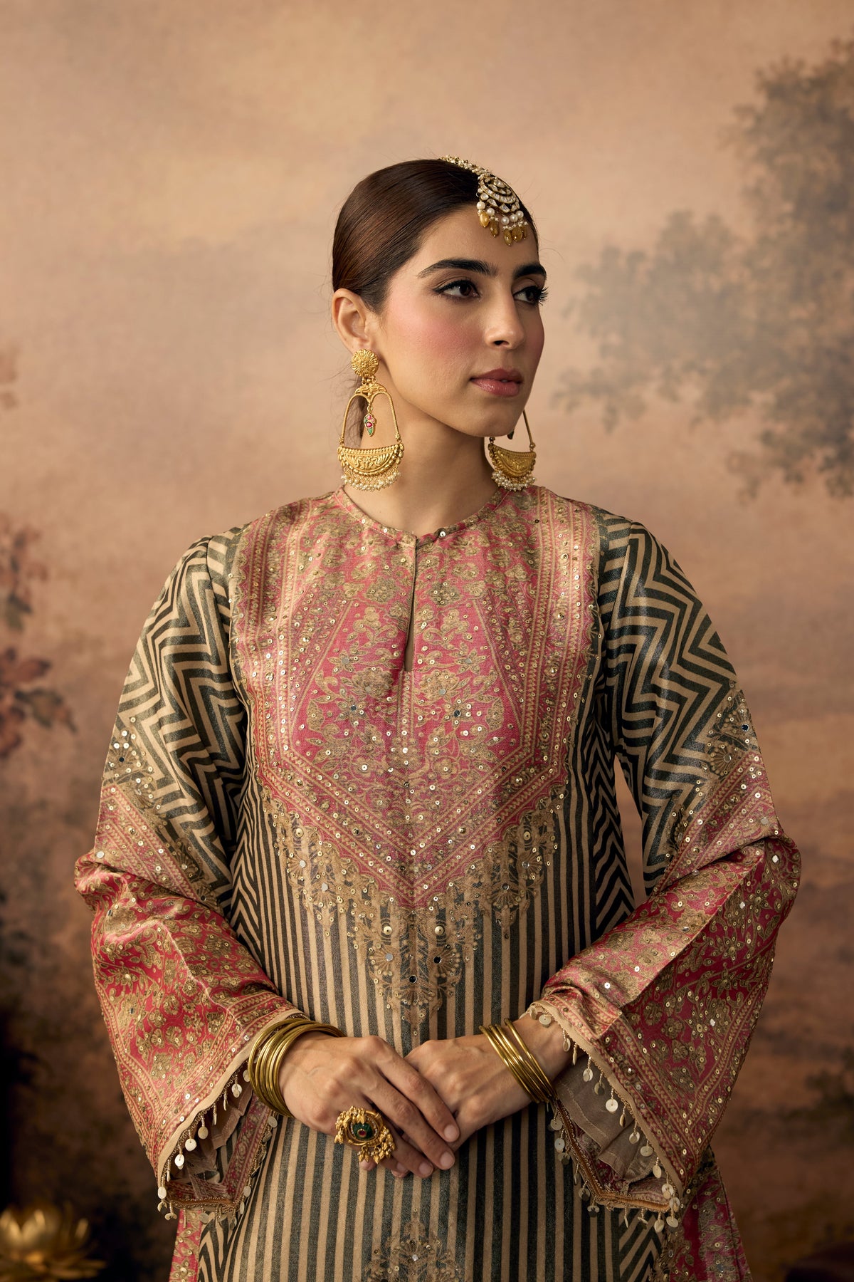 Olive Green & Pink Embellished Shimmer Silk Salwar Set
