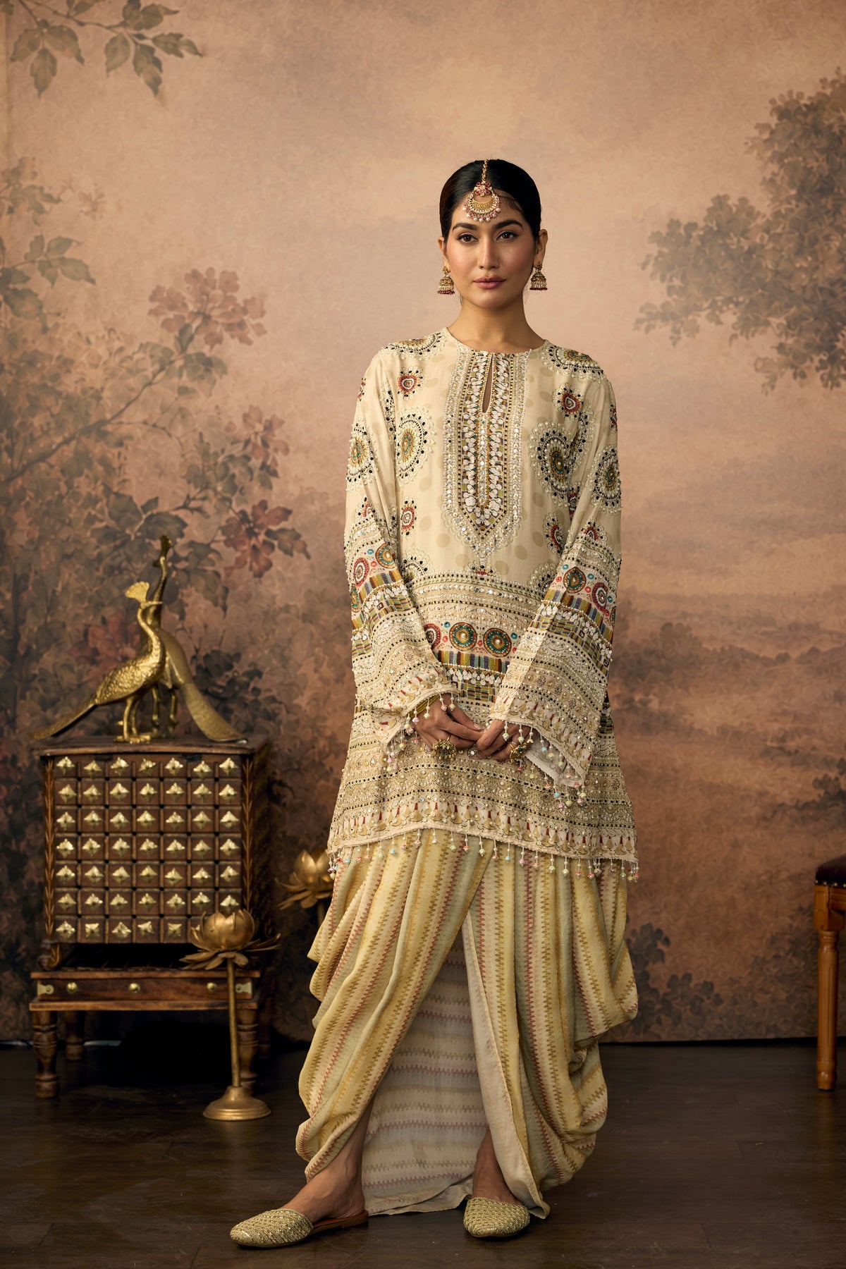 Off White Muse Embellished Crepe Silk Skirt Set