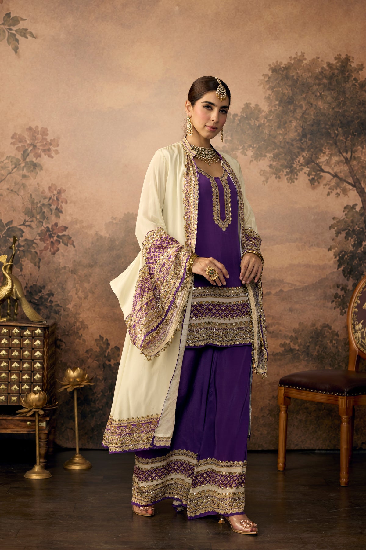 Ivory Violet Embellished Crepe Silk Palazzo Set