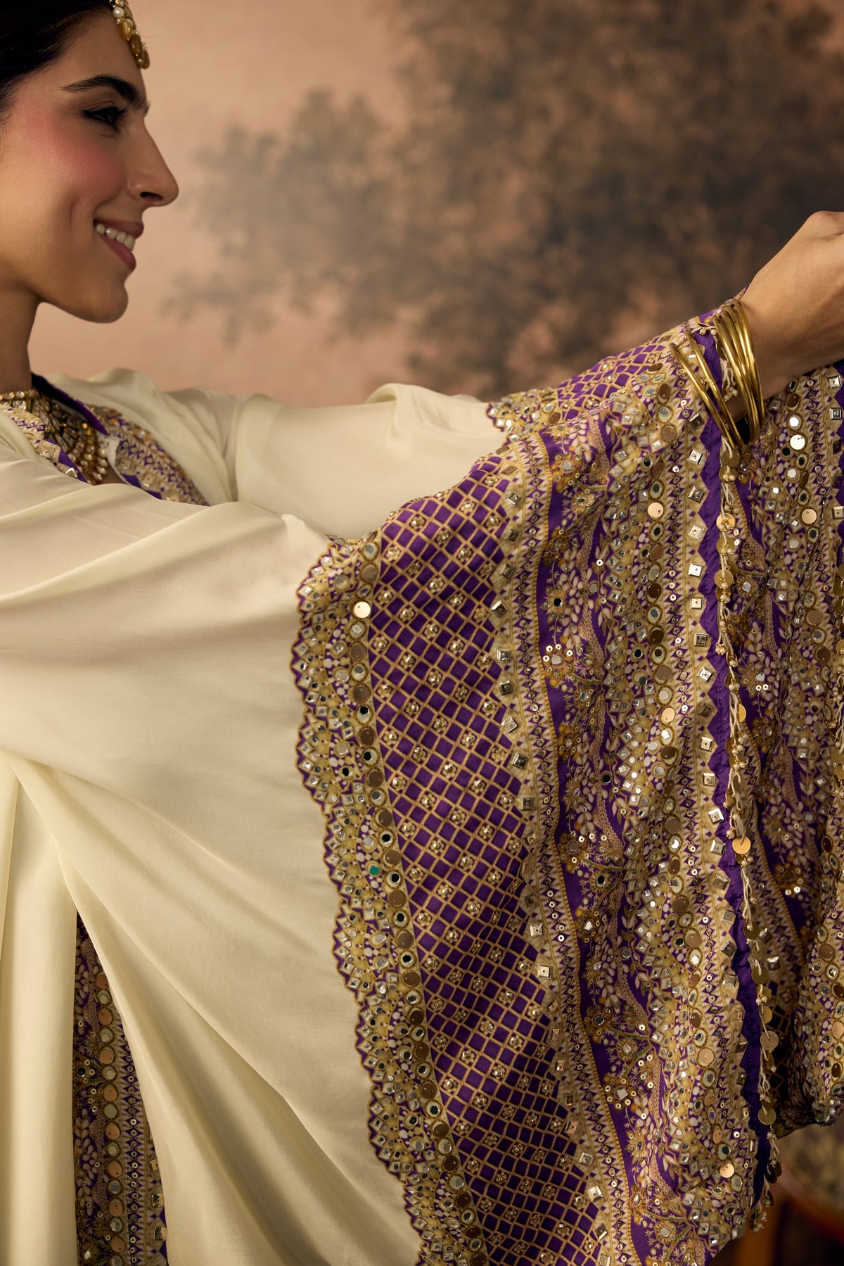 Ivory Violet Embellished Crepe Silk Palazzo Set
