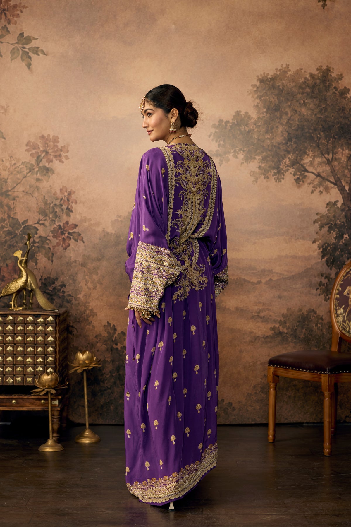 Royal Violet Embellished Crepe Silk Long Kaftan Dress