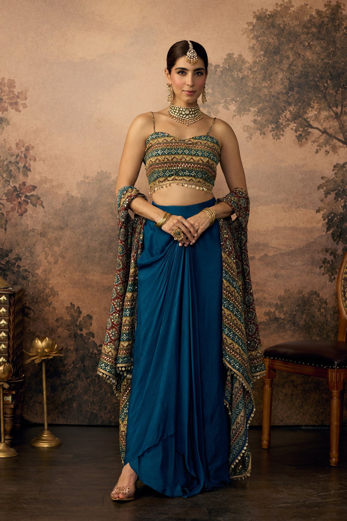 Peacock Blue Embellished Crepe Silk Skirt Set