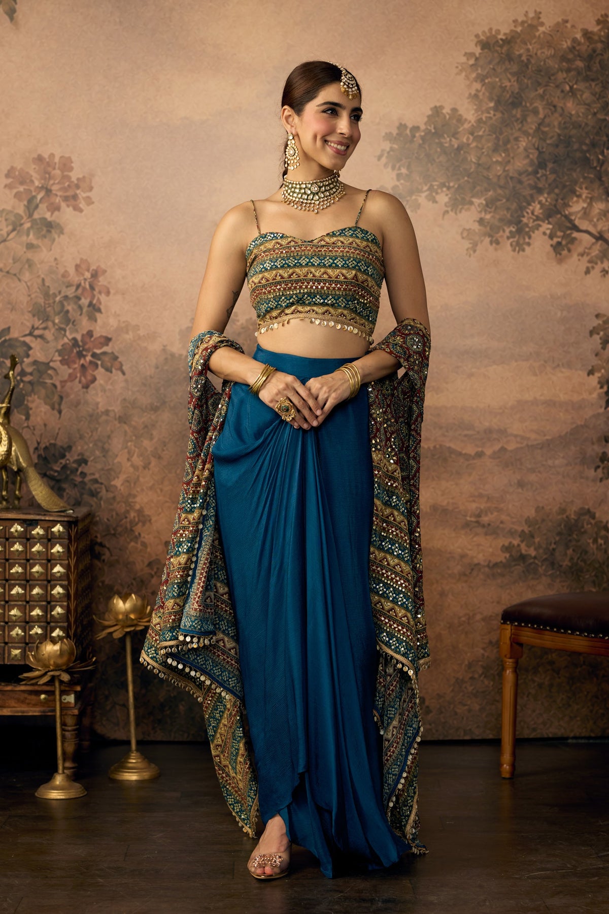 Peacock Blue Embellished Crepe Silk Skirt Set