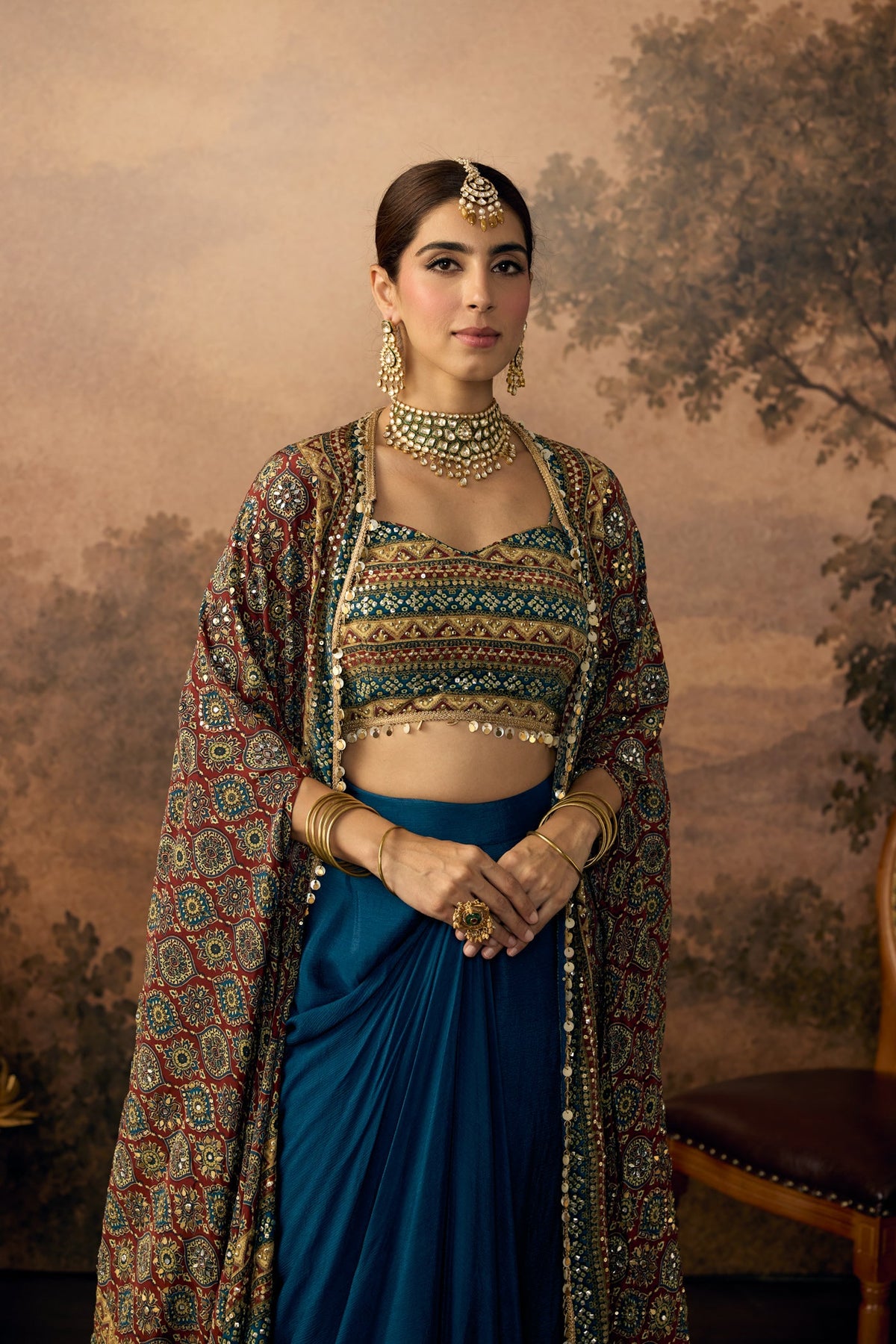 Peacock Blue Embellished Crepe Silk Skirt Set