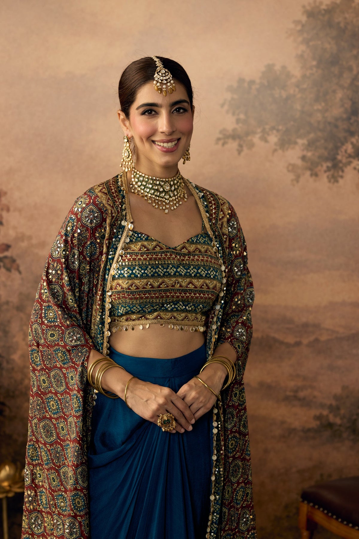 Peacock Blue Embellished Crepe Silk Skirt Set