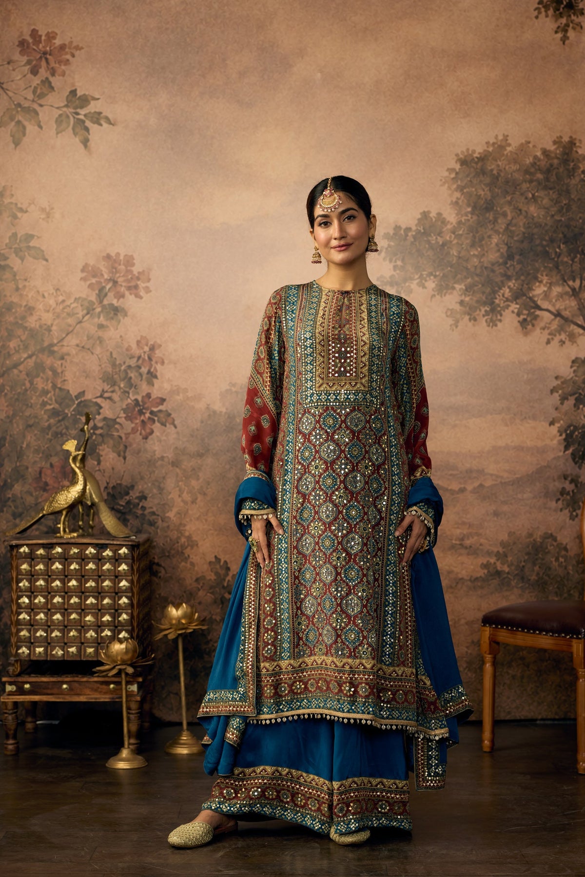 Peacock Teal Embellished Crepe Silk Pant Set
