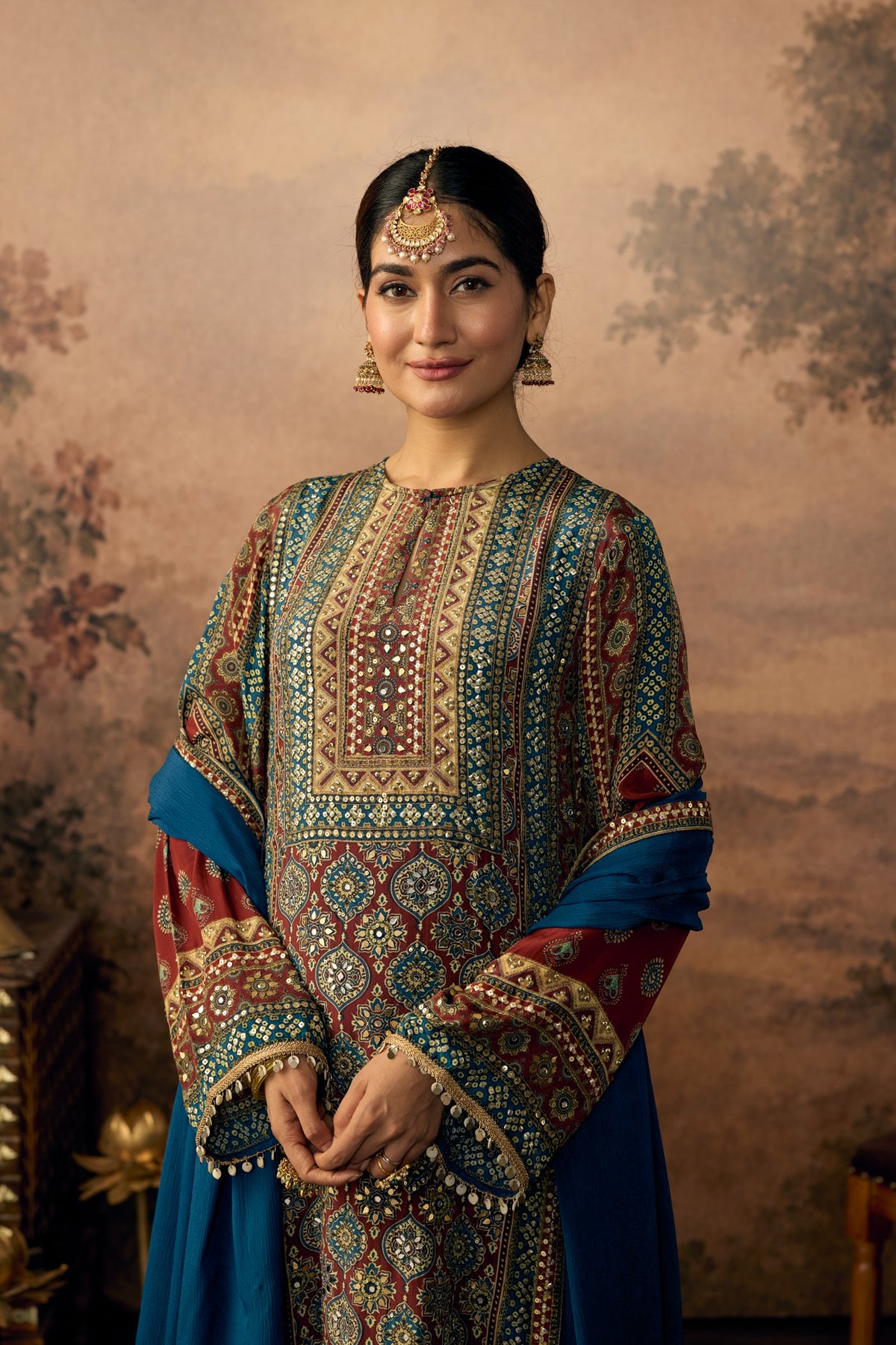 Peacock Teal Embellished Crepe Silk Pant Set