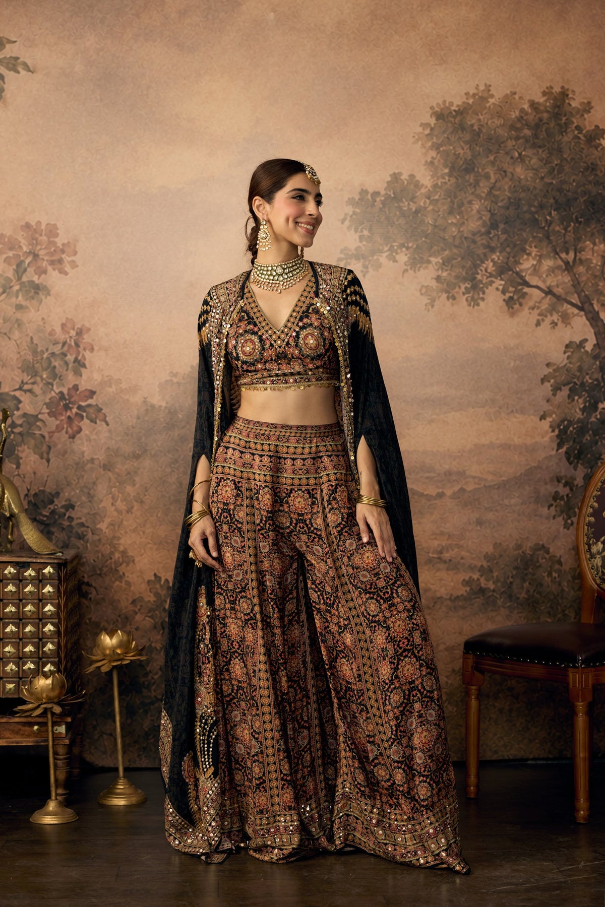 Deep Black Embellished Crepe Silk Palazzo Set