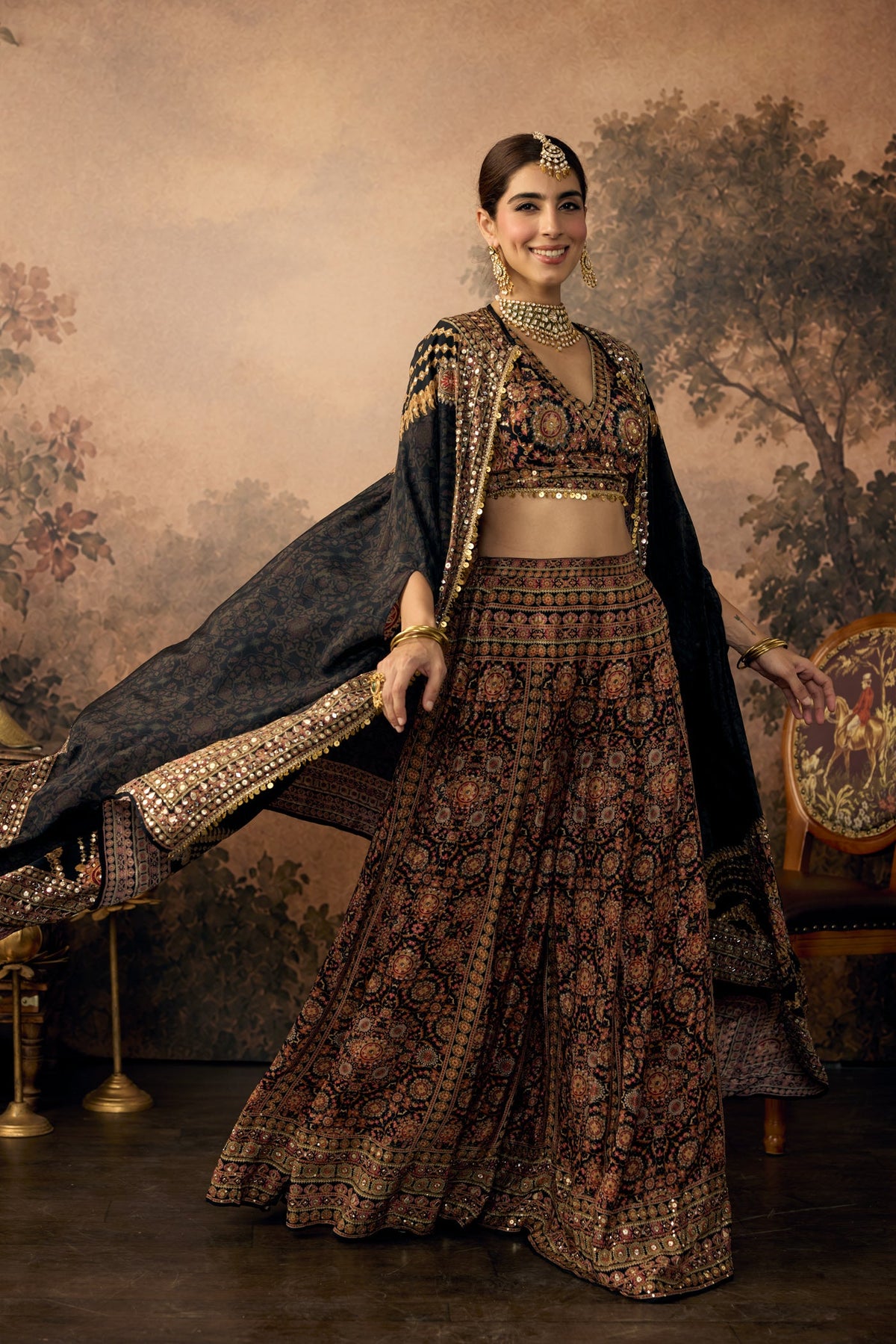 Deep Black Embellished Crepe Silk Palazzo Set