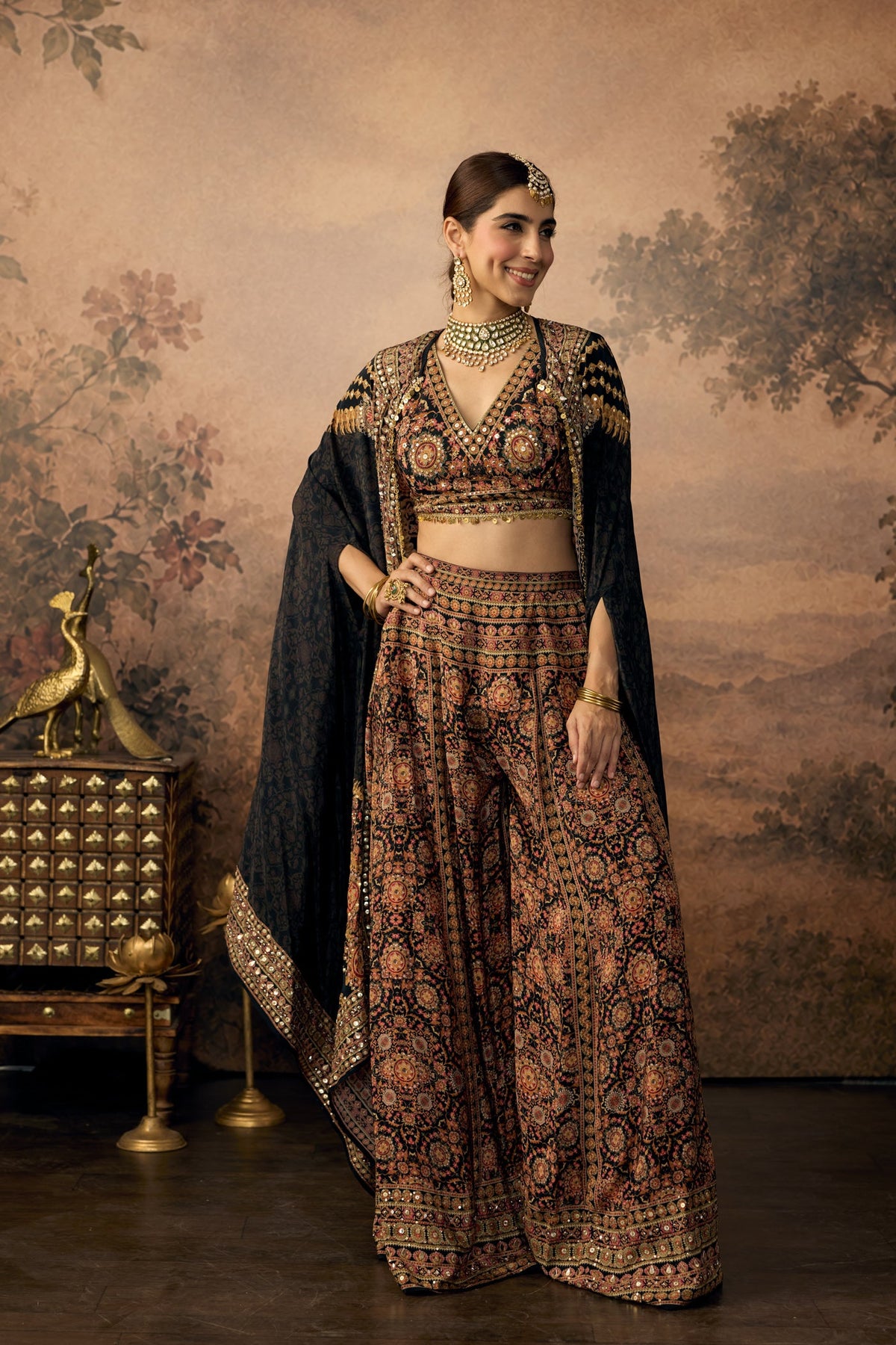 Deep Black Embellished Crepe Silk Palazzo Set